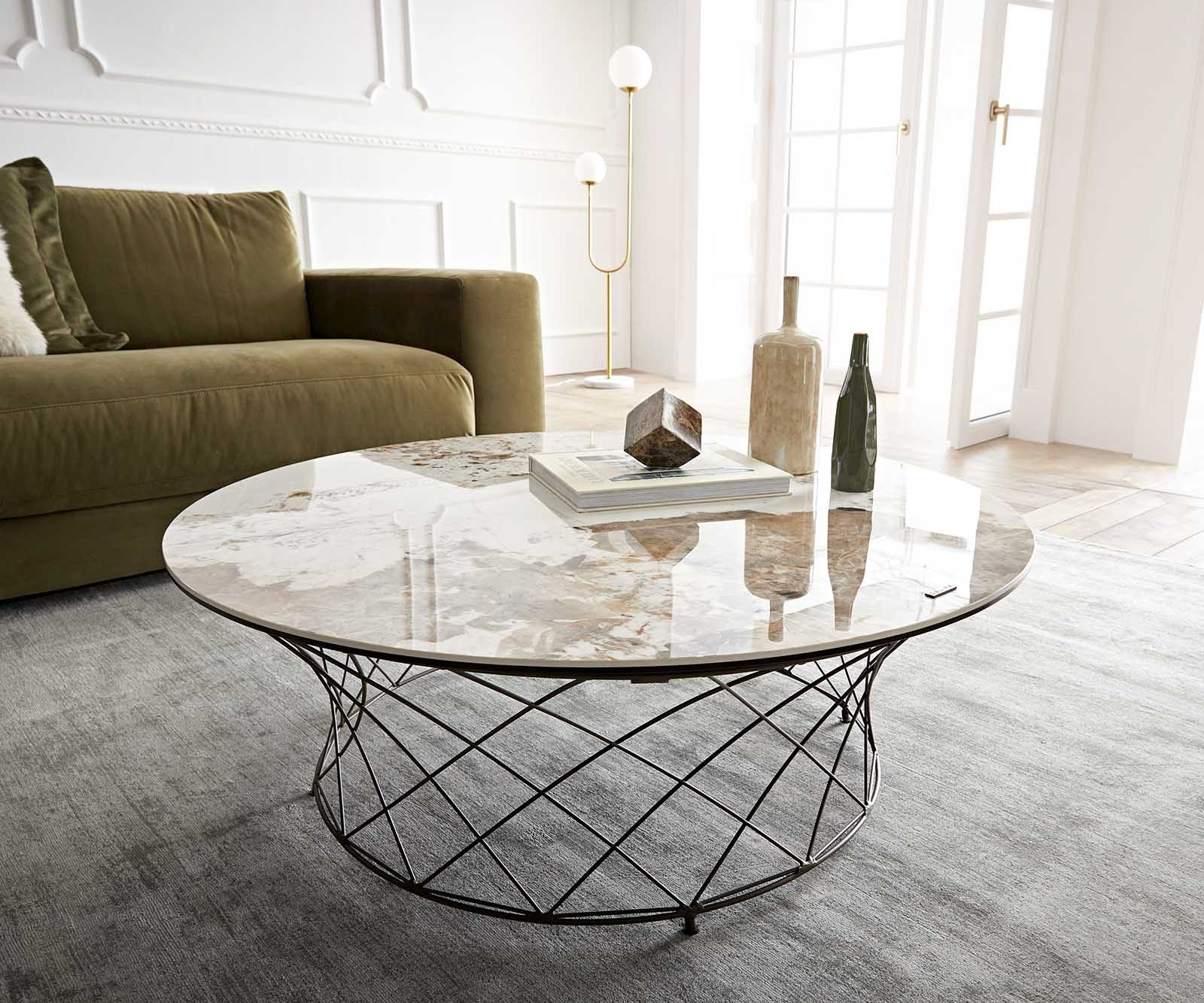 DELIFE Couchtisch Lassina, Keramik Minas Melange Weiß-Beige 100x100 cm Gestell Metall Effektfinis