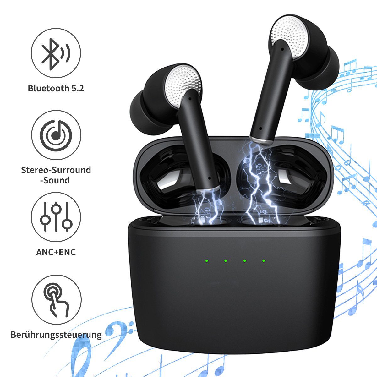 Bluetooth Bluetooth Echo Ohrhörer Kopfhörer Noise In-Ear-Kopfhörer (ENC) Greensky wireless Siri, Google (ANC), (TWS,ohne Cancelling Active J8, Cancellation 5.2, Assistent, Noise LED-Anzeige, Hi-Fi-Sound Schwarz