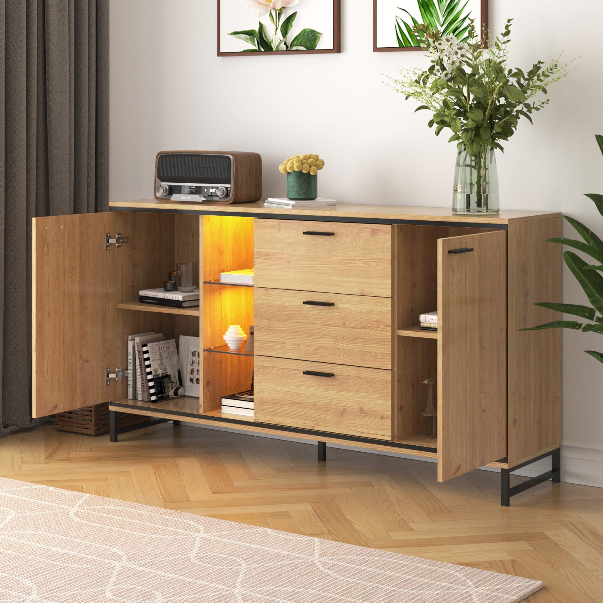 Merax Sideboard mit LED-Beleuchtung und Glasablagen, (1 St), Kommode Holz mit großem Stauraum und verstellbare Einlegeböden