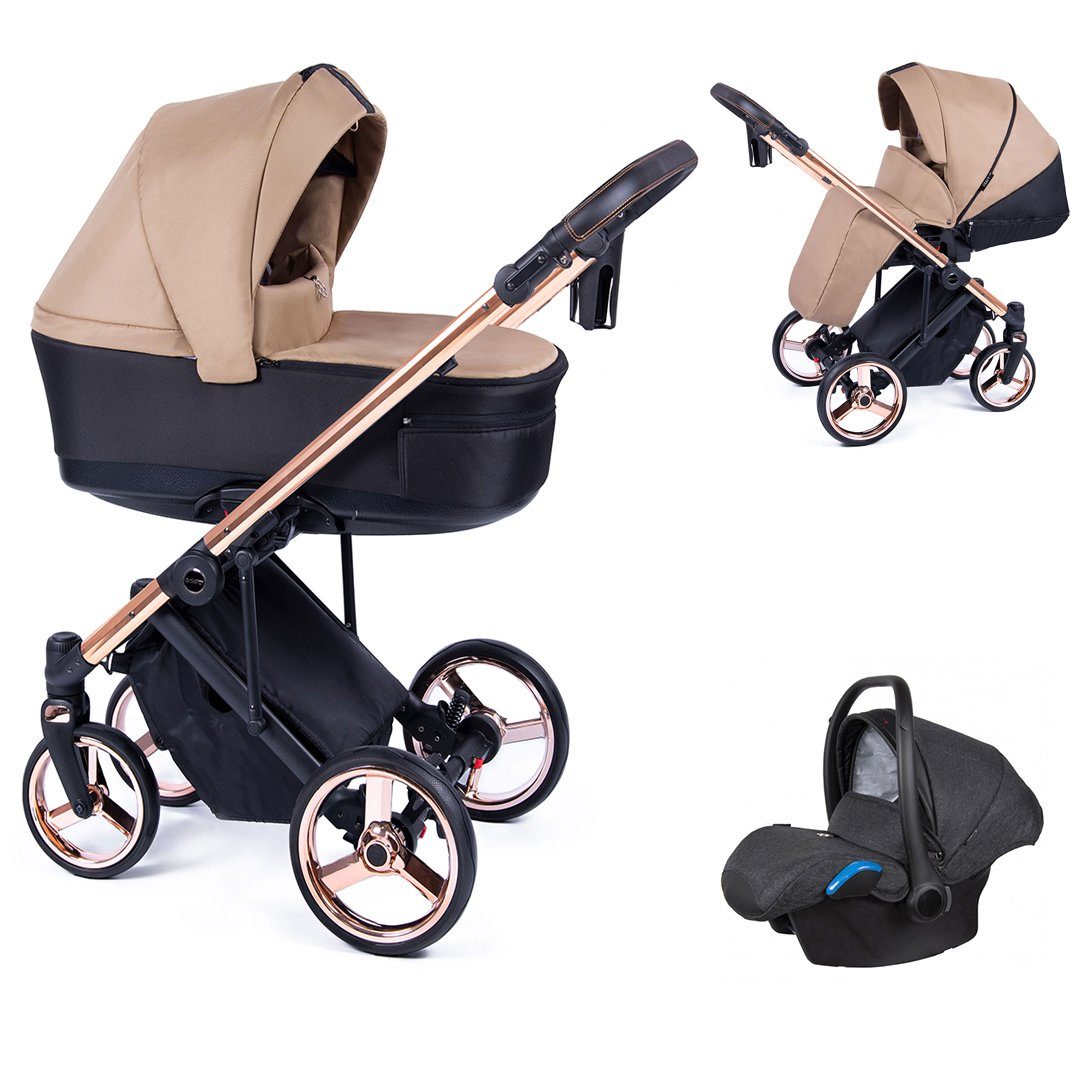 babies-on-wheels Kombi-Kinderwagen 3 in 1 Kinderwagen-Set Fado - 15 Teile - in 24 Designs Braun = Gestell gold