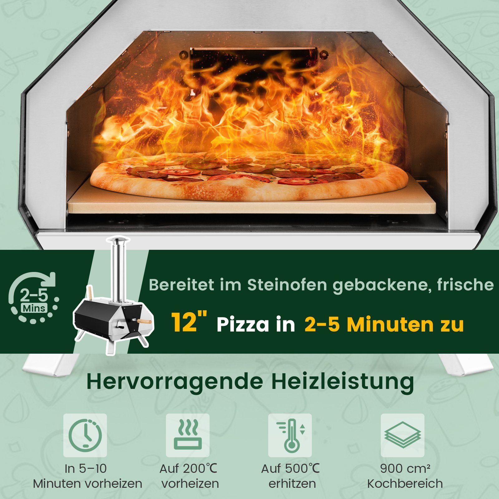 COSTWAY Pizzaofen Outdoor, aus Edelstahl mit Pizzastein, für Garten