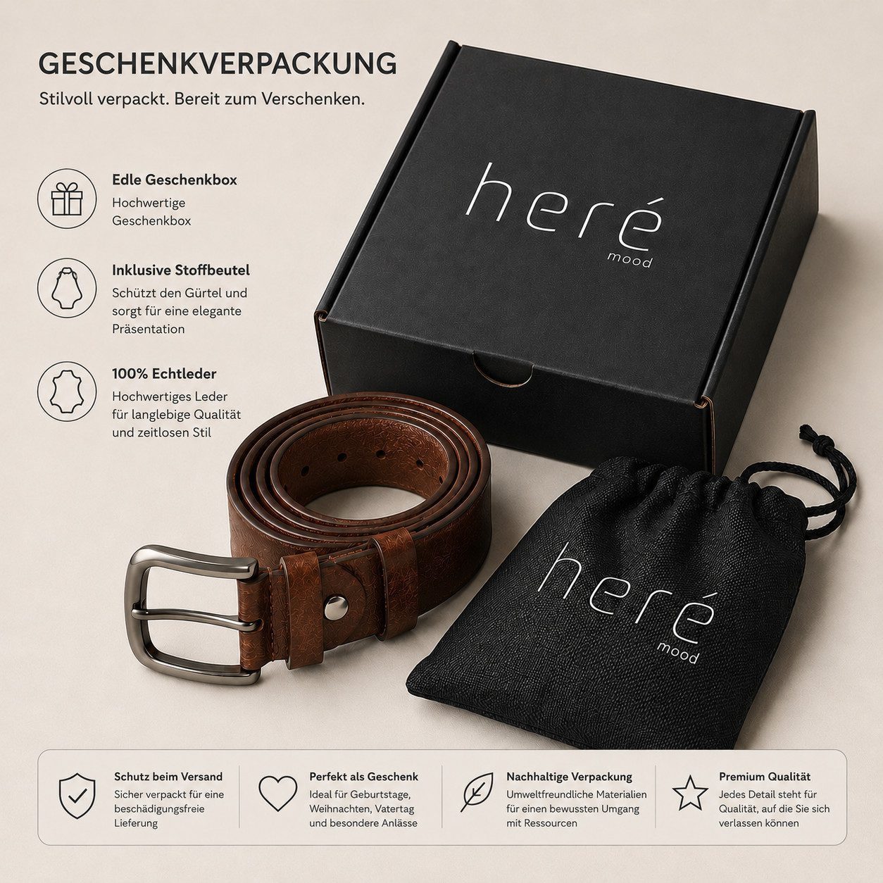 herémood Ledergürtel Gürtel Herren 4cm breit Ledergürtel Jeans Premium Geschenke für Männer (100 % Echtleder Gürtel handgefertigt, hochwertig verarbeitet, kürzb – Bild 3 von 5