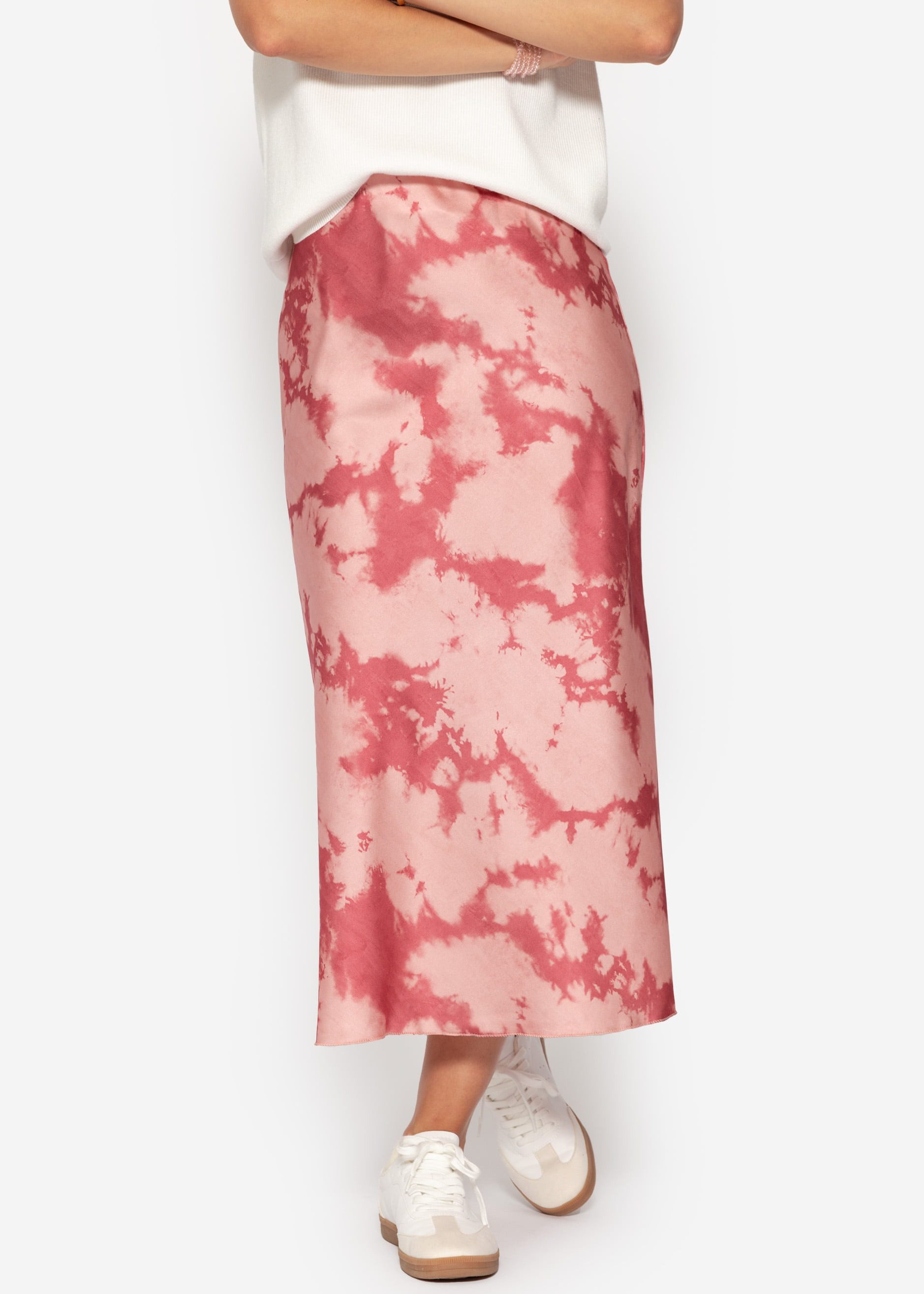 SASSYCLASSY Minirock High Waist Satin Maxirock Damen in A-Linie elegant Weicher Maxi-Lang Satinrock mit Gummibund in Batik-Muster in Rosa – Bild 5 von 5