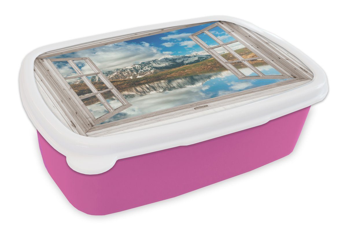[Originalprodukt aus Übersee] MuchoWow Lunchbox Aussicht Berg Brotbox - Kunststoff, rosa - Snackbox, Kinder, für Kunststoff (2-tlg), Mädchen, Erwachsene, Brotdose Wasser