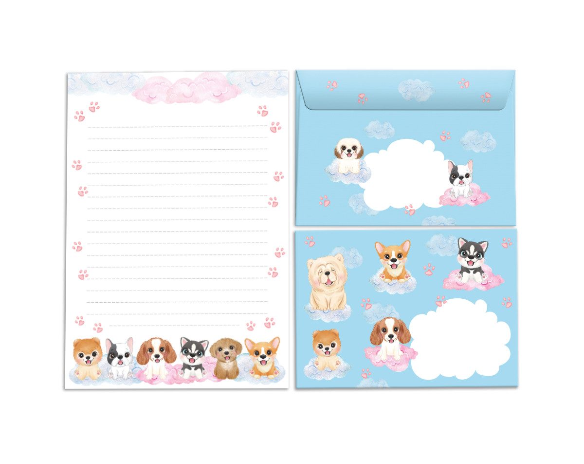 JUNAPACK Briefpapier Set Kinder Briefblock A5 mit Umschlägen Notizblock Papier Tiere Hunde, Kinder-Briefpapier A5 mit 15 Umschlägen, liniert & leicht beschreibbar