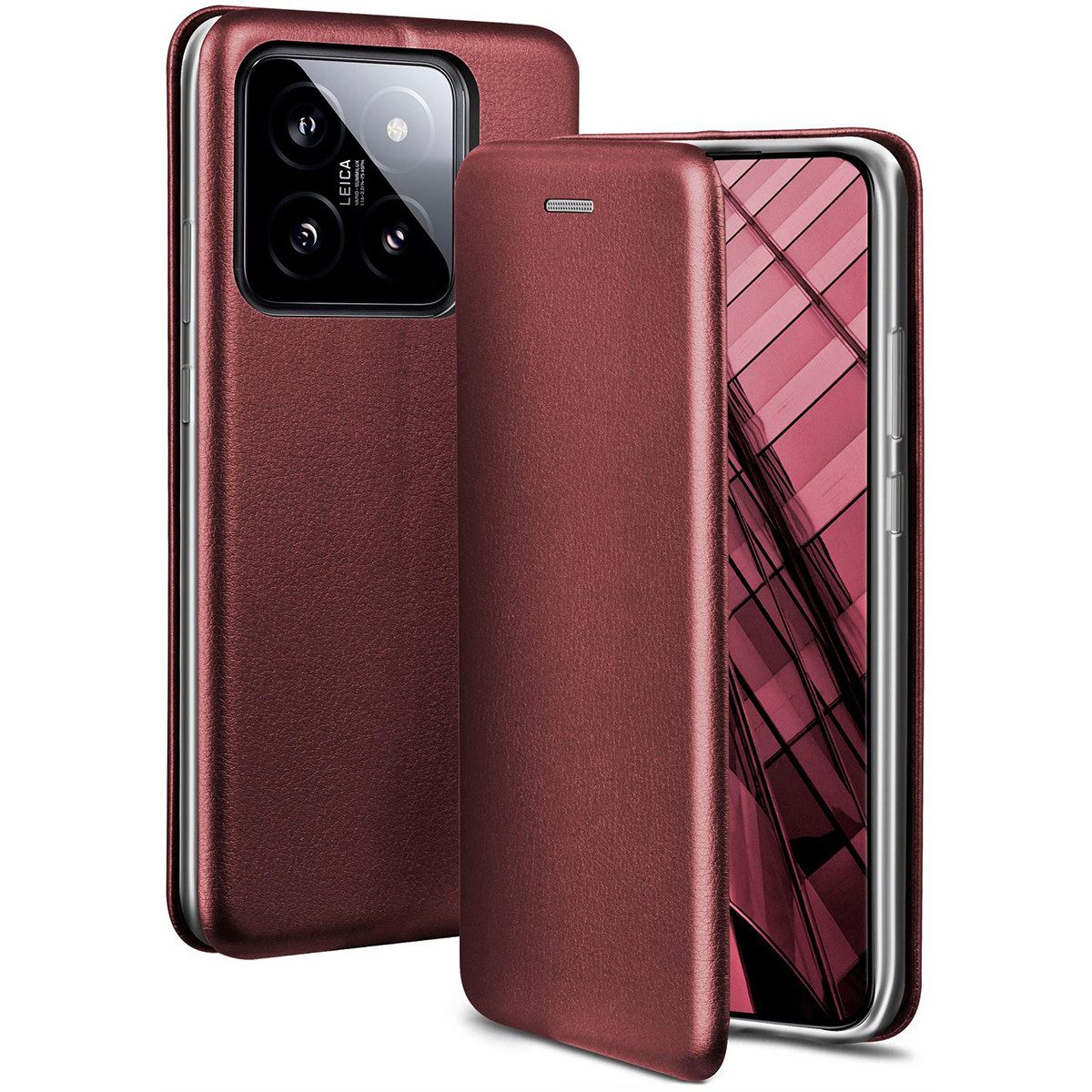 ONEFLOW Handyhülle für Xiaomi 14 Premium Hülle Business Cover Rot 6,36 Zoll, 360 Grad Schutzhülle Flip Case Etui Klapphülle Dünn Leder Handy Tasche