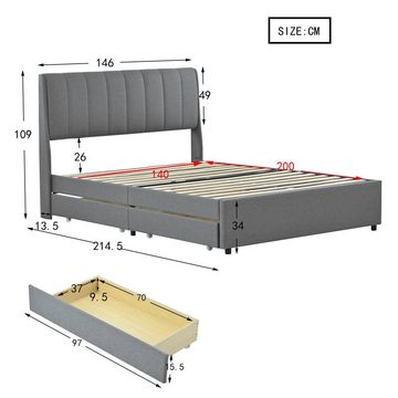 Ulife Polsterbett Doppelbett Holzbett mit 4 Schubladen, Lattenrost und Rückenlehne, 140x200cm