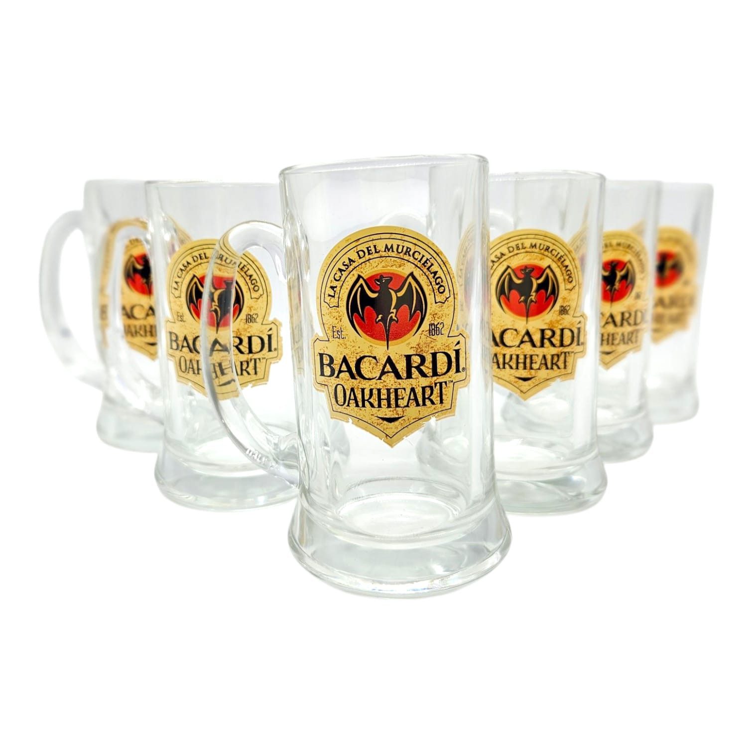 Bacardi GmbH Longdrinkglas Bacardi Oakheart Rumglas 29,5 cl mit Henkel, Original Tankard Glas, 6-tlg., Robust, Original Bacardi-Design