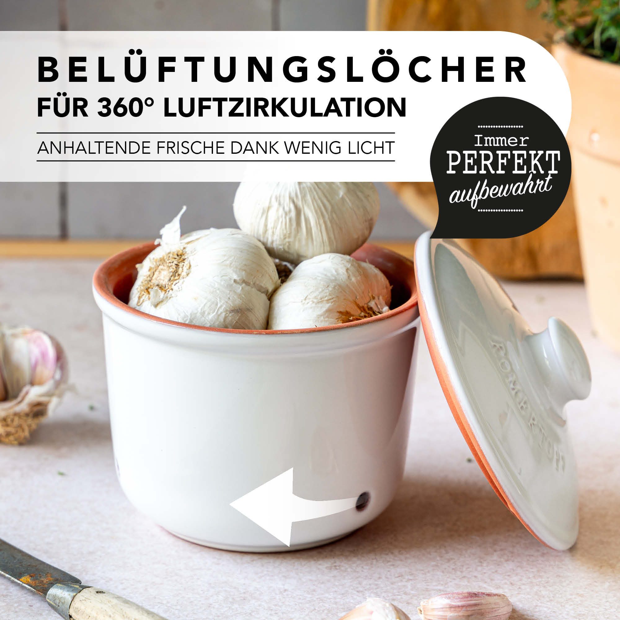 RÖMERTOPF Römertopf Frische-Topf MINI - Knoblauch Aufbewahrung 0,6 Liter Weiß, (Frischetopf & Deckel) – Bild 3 von 5