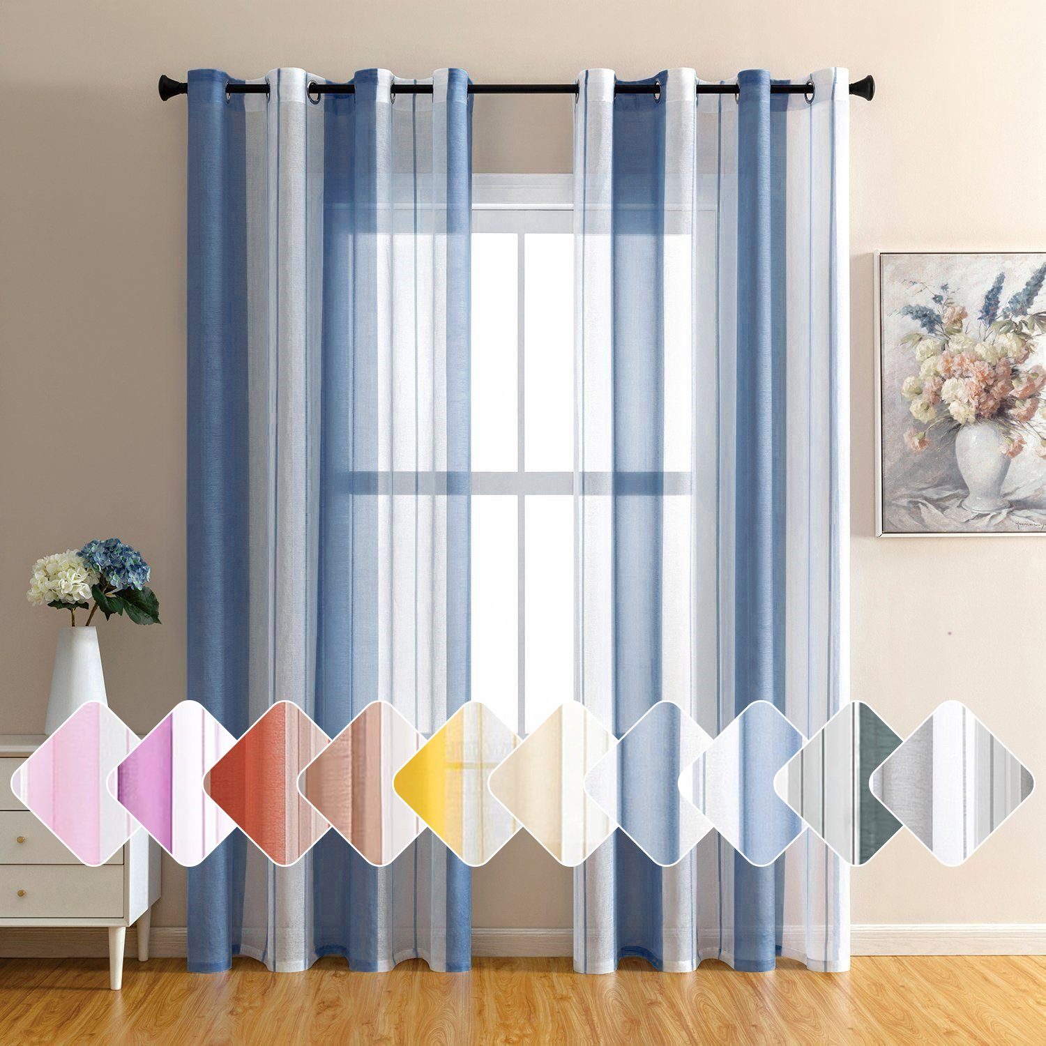 Gardine, HOMEIDEAS, Ösen (2 St), halbtransparent, Zweifarbig Streifen Vorhang Blau