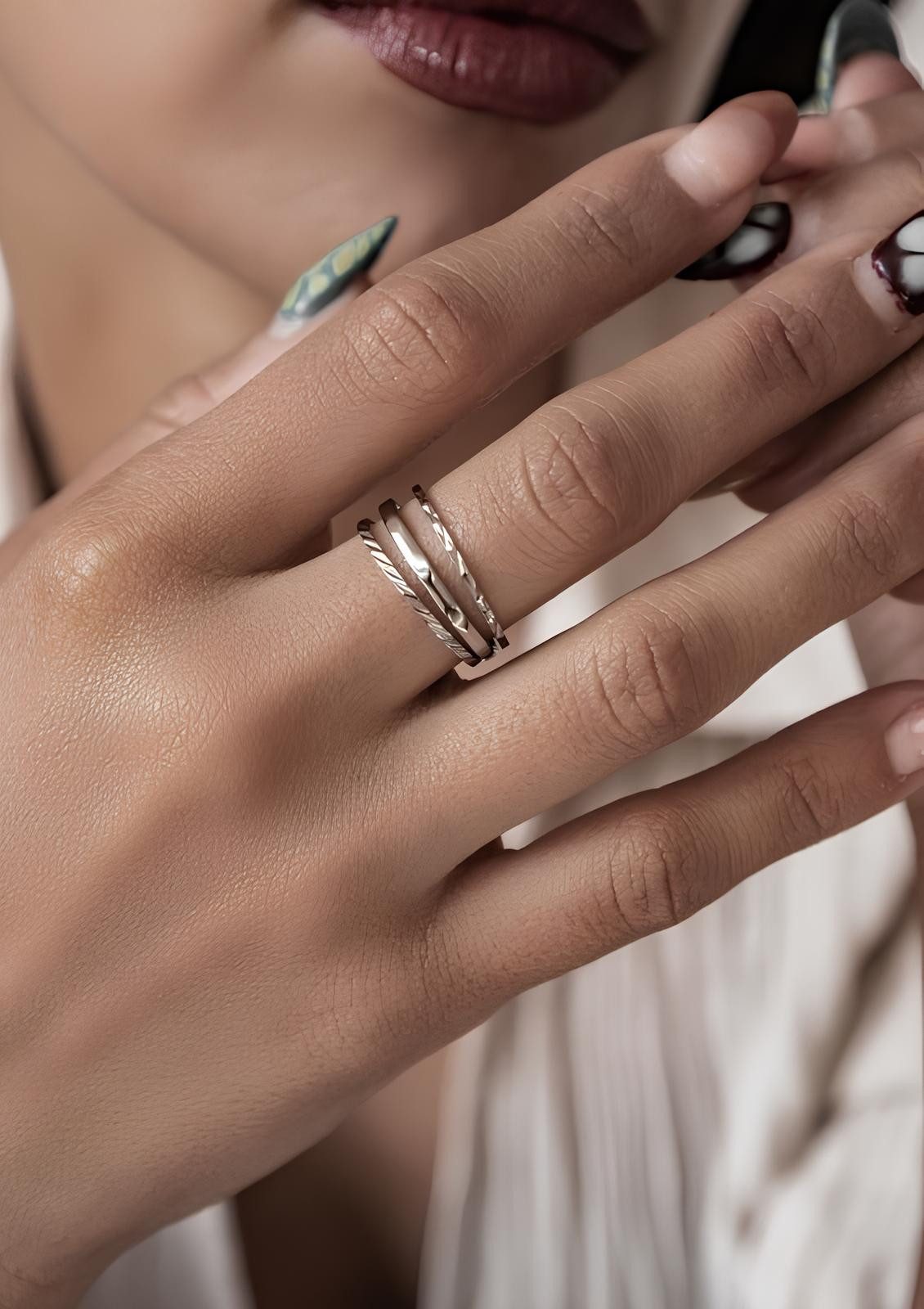 Hey Happiness Ring-Set 3 tlg., Basic Band Stapelringe, Dünne Gedrehte Twist Ringe aus Edelstahl, wasserfest