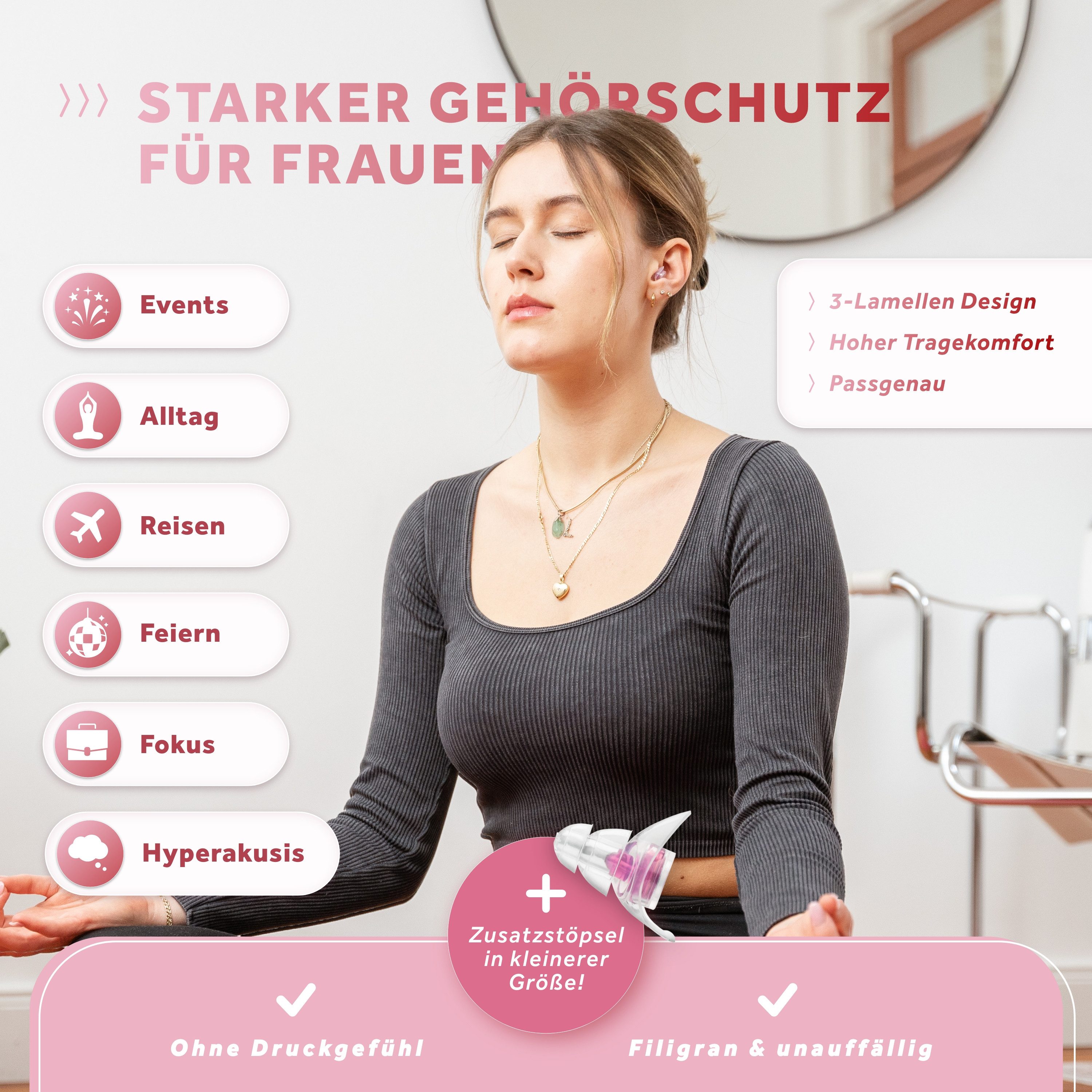 Schallwerk Gehörschutzstöpsel SCHALLWERK ® Women+ Gehörschutz Ohrstöpsel speziell für Frauen