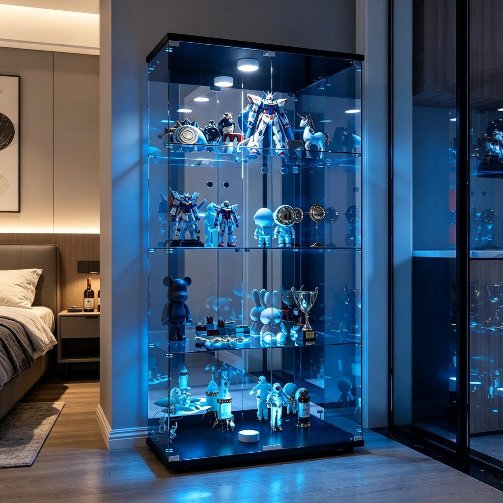 Simurq Glasvitrine Standvitrine mit LED, Glas Vitrinenschrank für Sammlung (1-St, 4 Lagen Glasschrank mit 2 Glastür, Glas Vitrine mit Schloss) Glasvitrine Stehend, perfekt für Sammler, Sammelvitrine