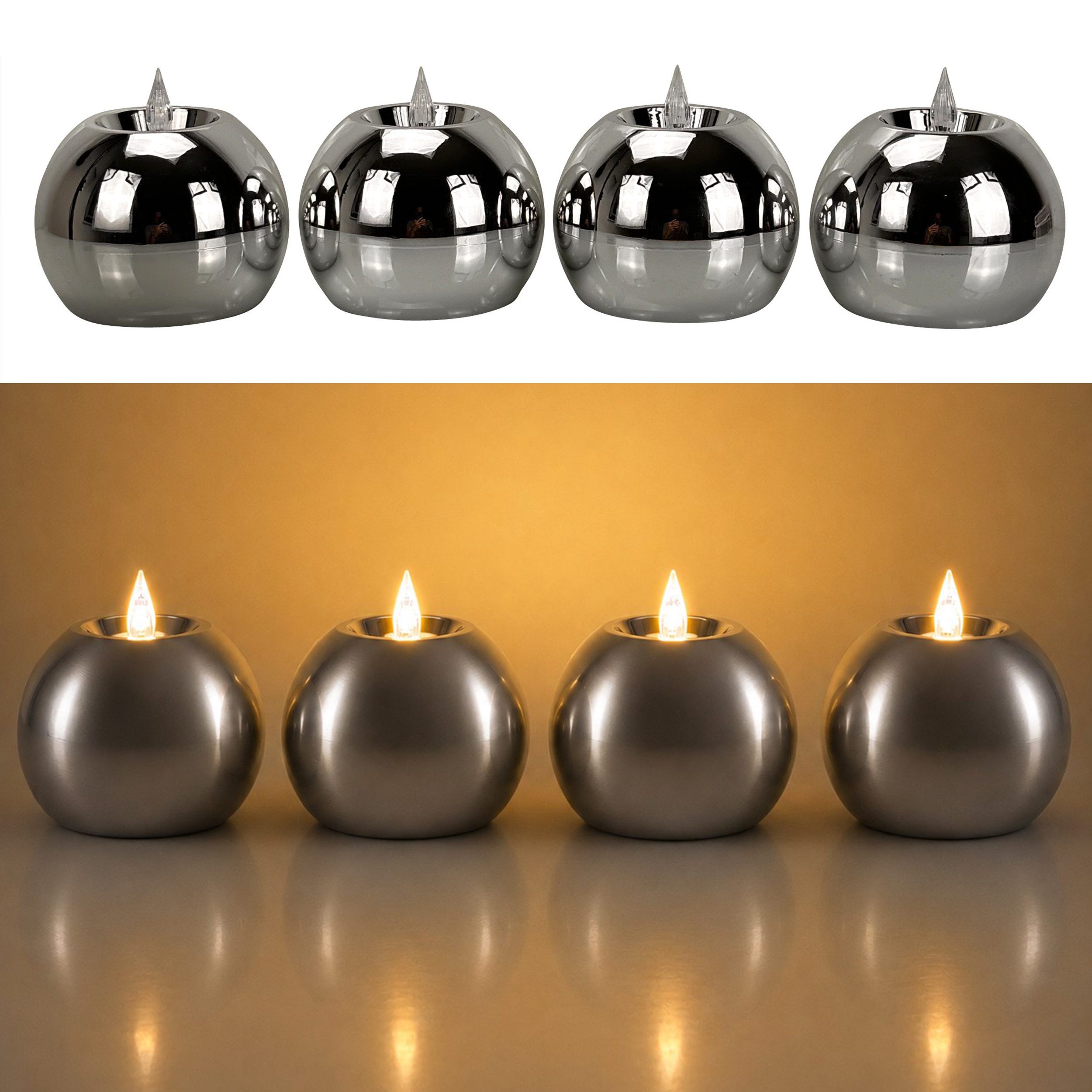 Online-Fuchs LED-Kerze 4 runde Kugelkerzen mit Timer & Spiegeleffekt - Outdoor geeignet, realistische Kerzenflamme aus Acrylglas, warmweiße Beleuchtung, praktische 6-Stunden Timerfunktion enthalten