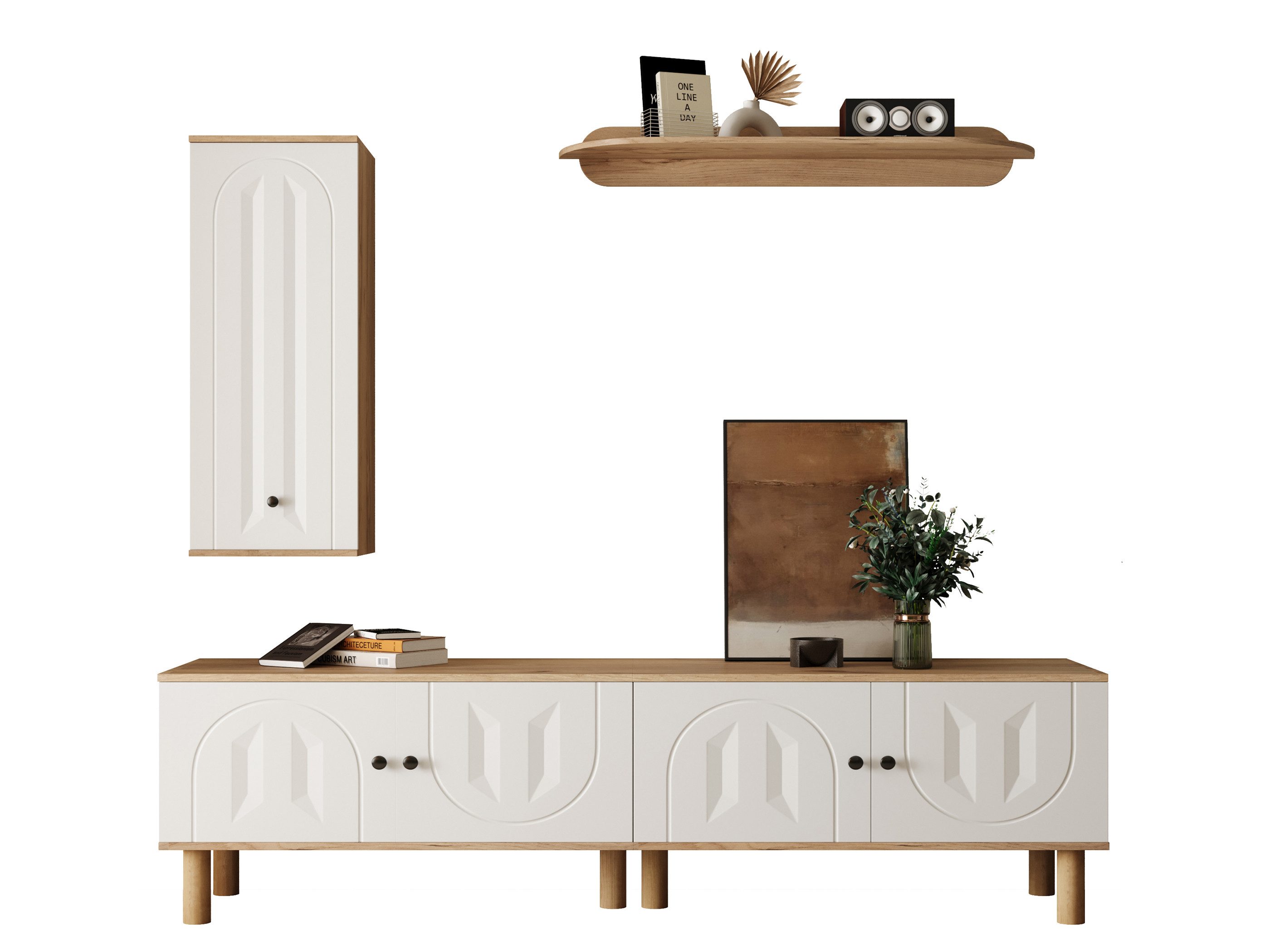 SeedWave Lowboard Wohnwand Combo-Set, 1×TV-Schrank, 1×Hängendschrank, 1×Wandregal, Fernsehschrank mit Massiveholzfüßen