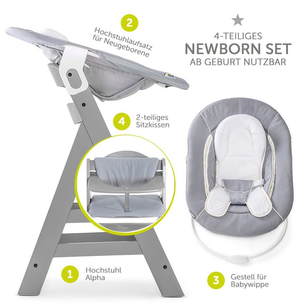 Hauck Hochstuhl Alpha Plus Grey Newborn Set (Set, 4 St), Holz Babystuhl ab Geburt inkl. Aufsatz für Neugeborene & Sitzauflage – Bild 2 von 5