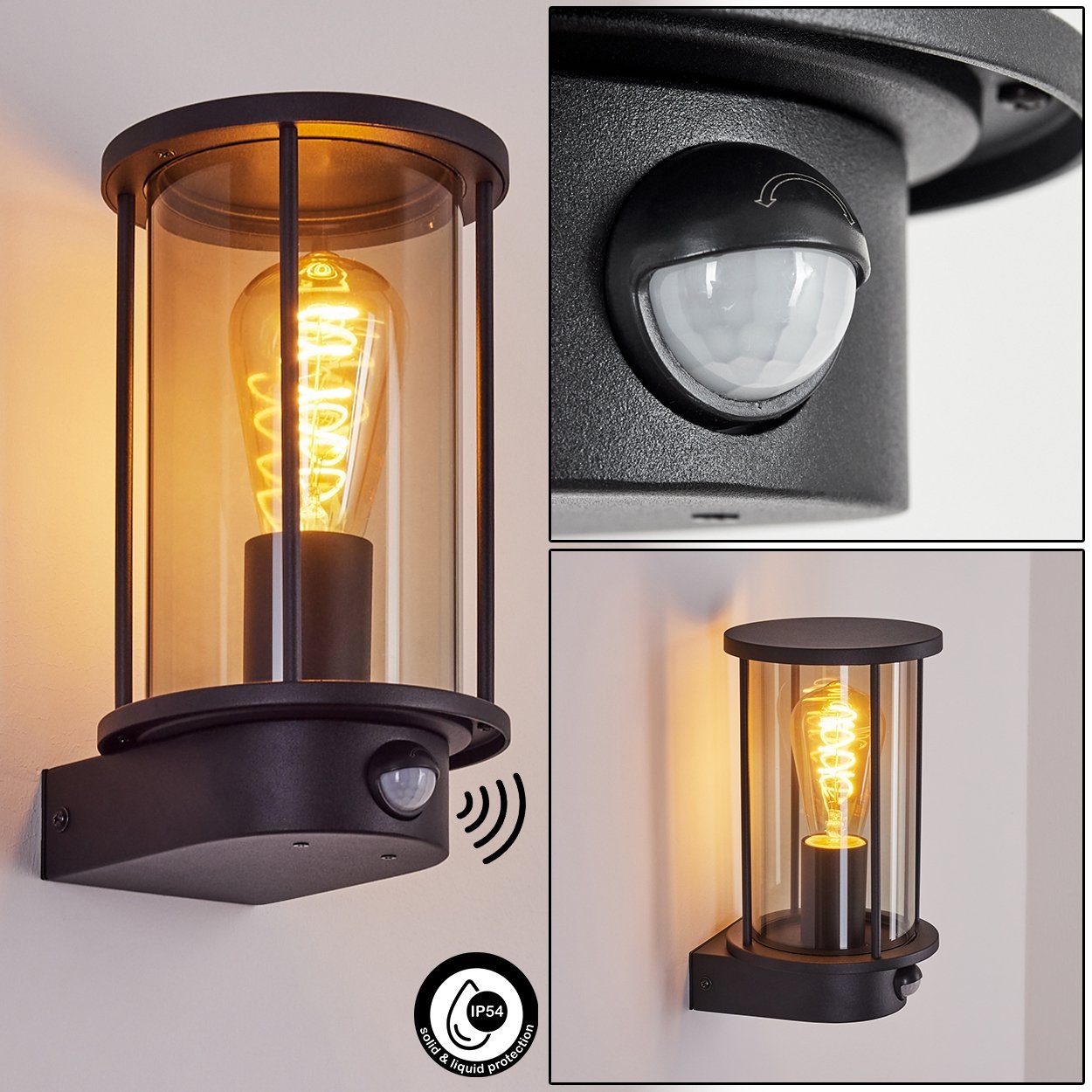 Metall/Glas Schwarz/Rauchfarben, außen x aus Bewegungsmelder E27 25 für in mit Höhe hofstein mit Außen-Wandleuchte cm, IP54, ohne Sensor, Außenlampe Leuchtmittel, 1 Wandlampe