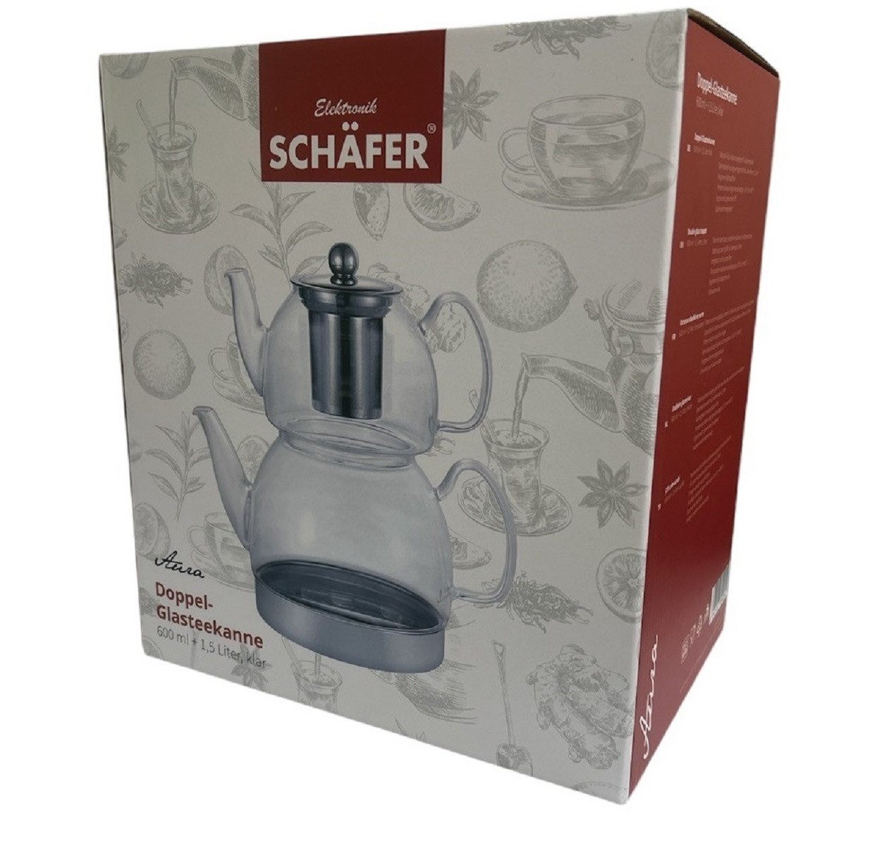 Schäfer Elektronik Caydanlik-Teekanne Doppel-Glasteekanne mit Edelstahlfuß 600 ml & 1,5 L