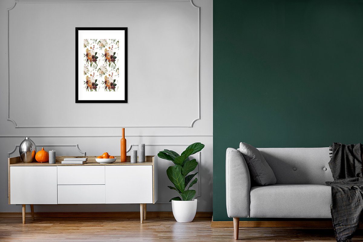Rahmen, Poster Schwarzem - Muster, Blumen Rosen - (1 mit Bilderrahmen Gerahmtes MuchoWow Poster, Kunstdruck, St),
