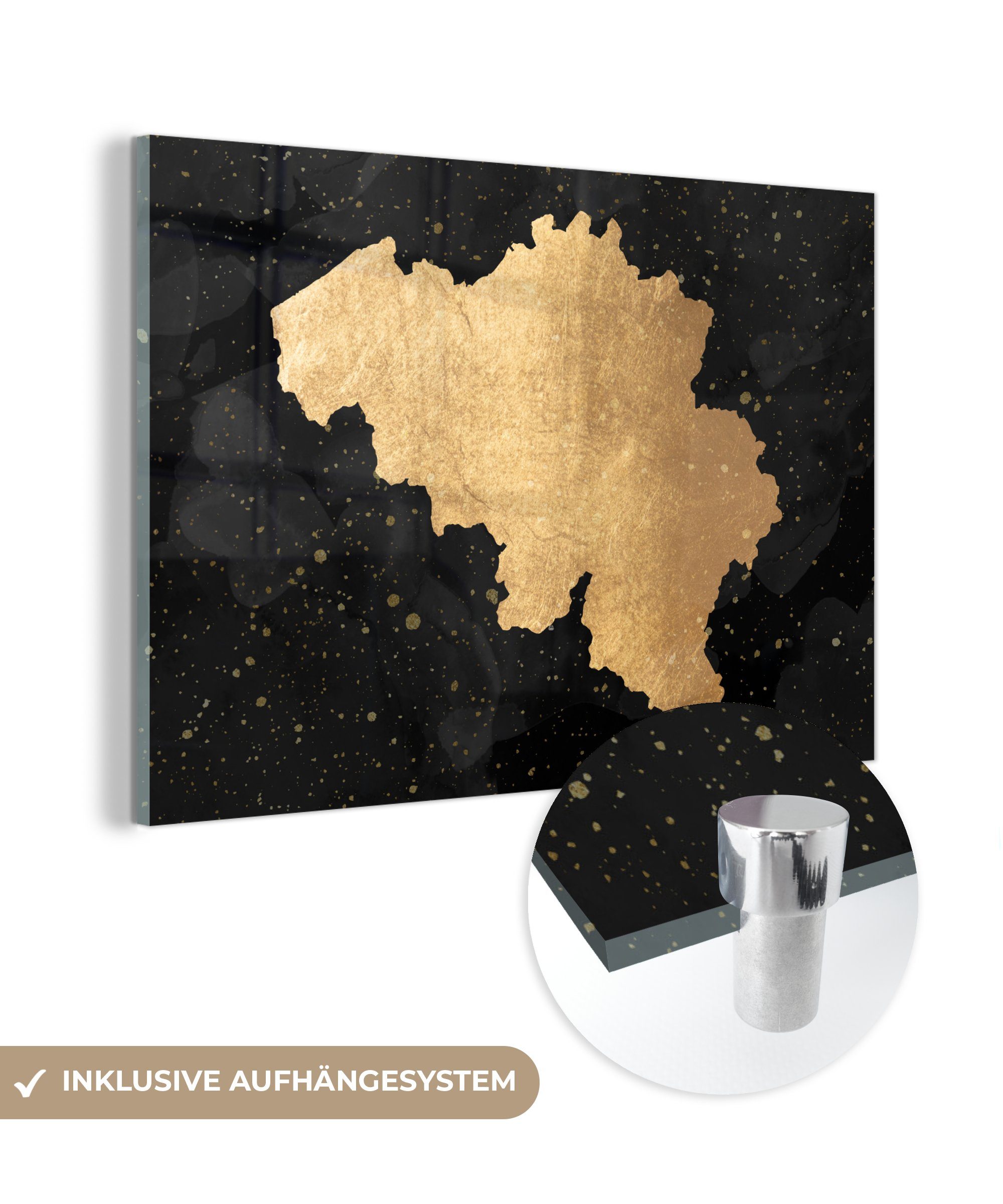 MuchoWow Acrylglasbild Karte - Belgien - Gold, (1 St), Acrylglasbilder Wohnzimmer & Schlafzimmer