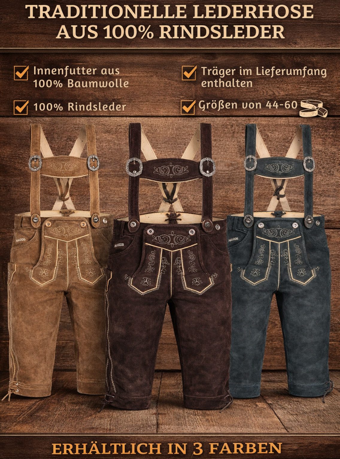 PAULGOS Trachtenhose Herren Lederhose Kniebund mit Trägern 100% Echtleder