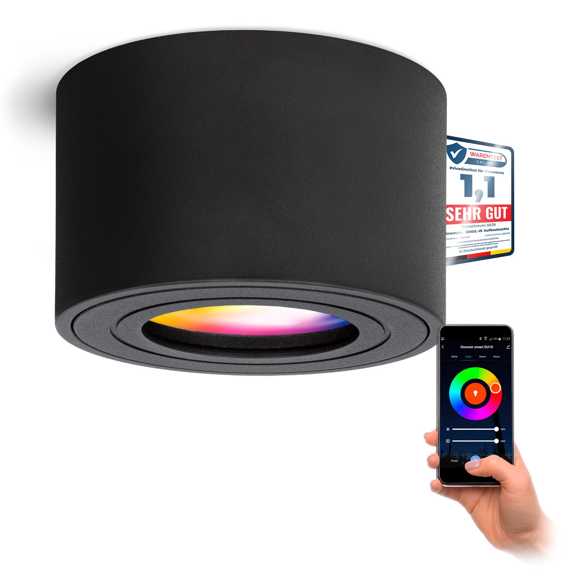linovum LED Außen-Deckenleuchte Aufbauleuchte SMOL-W schwarz IP44 LED Birne SMART RGB 3CCT Aufbauspot, Smart