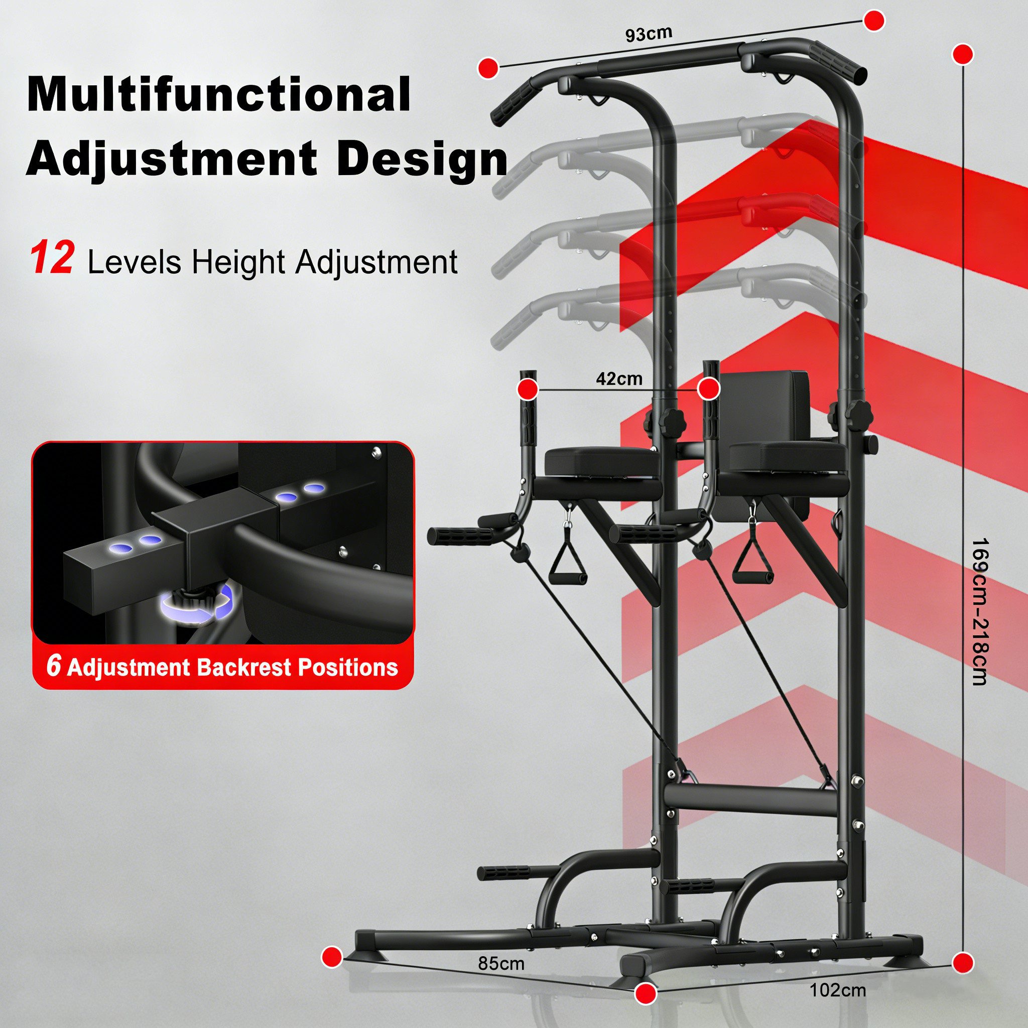 Gywowken Kraftstation Multifunktional Power Tower Dip Station - Fitnessstation, (Packung, Ergonomisch Kraftstation - mit Klimmzugstange für Zuhause), 12-stufige Höhenverstellung 170–220 cm - 6-fach Rückenlehne
