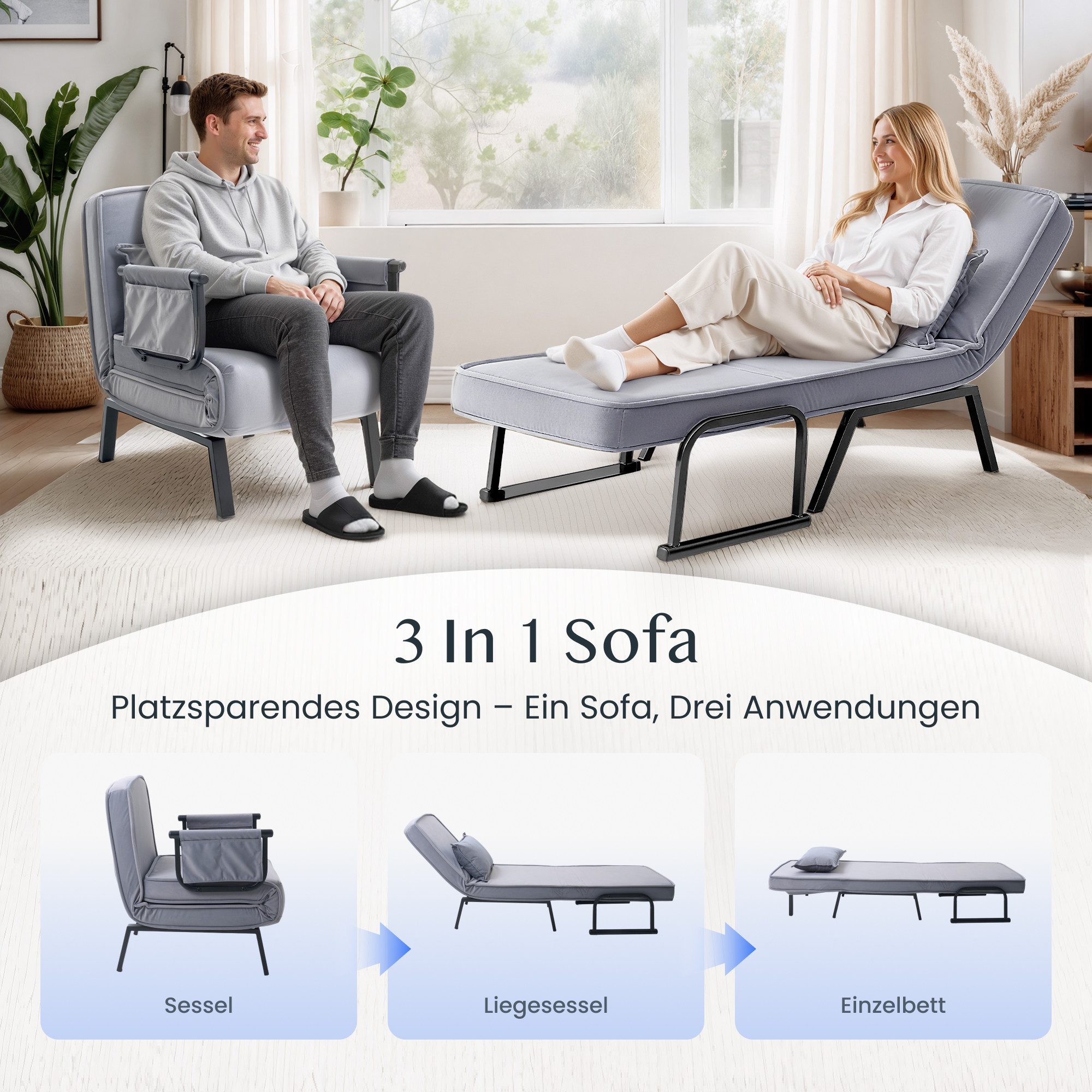 FLEXISPOT Loungesessel 3-in-1 Schlafsessel mit Bettfunktion, Verstellbare Rückenlehne (Gästebett & Schlafsofa aus Leinen mit Seitentasche, Klappbare Beine), Platzsparend für Wohnzimmer, Schlafzimmer oder Büro