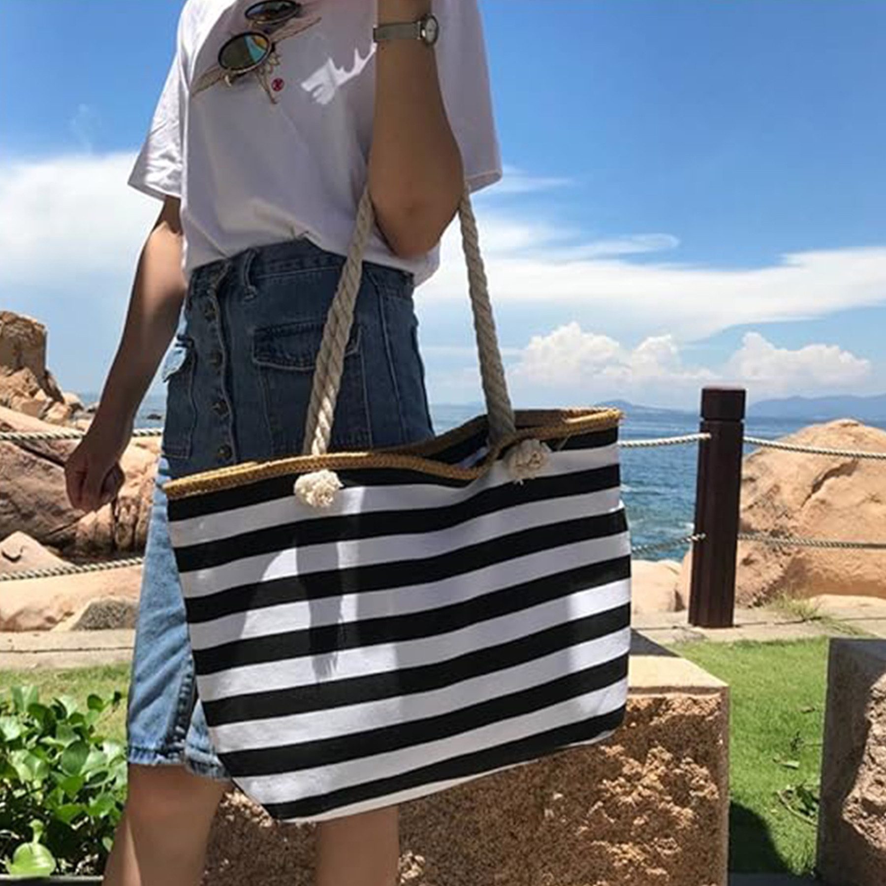 Mutig Strandtasche Große Strandtasche mit Reißverschluss XXL Familie Beach Tote Bag (Große Shopper Damen Sporttasche Schultertasche, Faltbar Umhängetasche, Tragetasche, Shopping Bag, Reisetasche), für strand,poolparty,fitnessstudio,picknick,grillen, camping, roadtrip