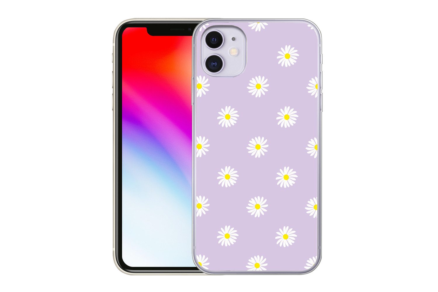 MuchoWow Handyhülle für Apple iPhone 11 Gänseblümchen - Pastell - Weiß - Lila - Blumen, Smartphone-Bumper, Print, Handy Schutzhülle Dünn