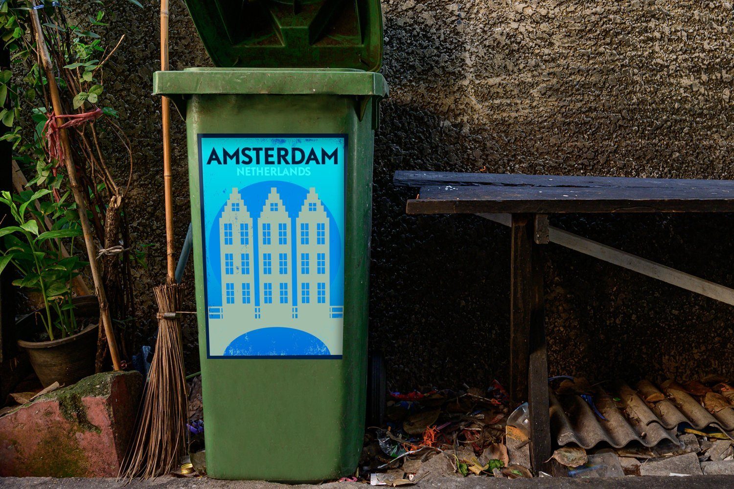 Mülltonne, MuchoWow Vintage Mülleimer-aufkleber, (1 Sticker, Wandsticker Container, Amsterdam Abfalbehälter - - - Niederlande Zitate St),