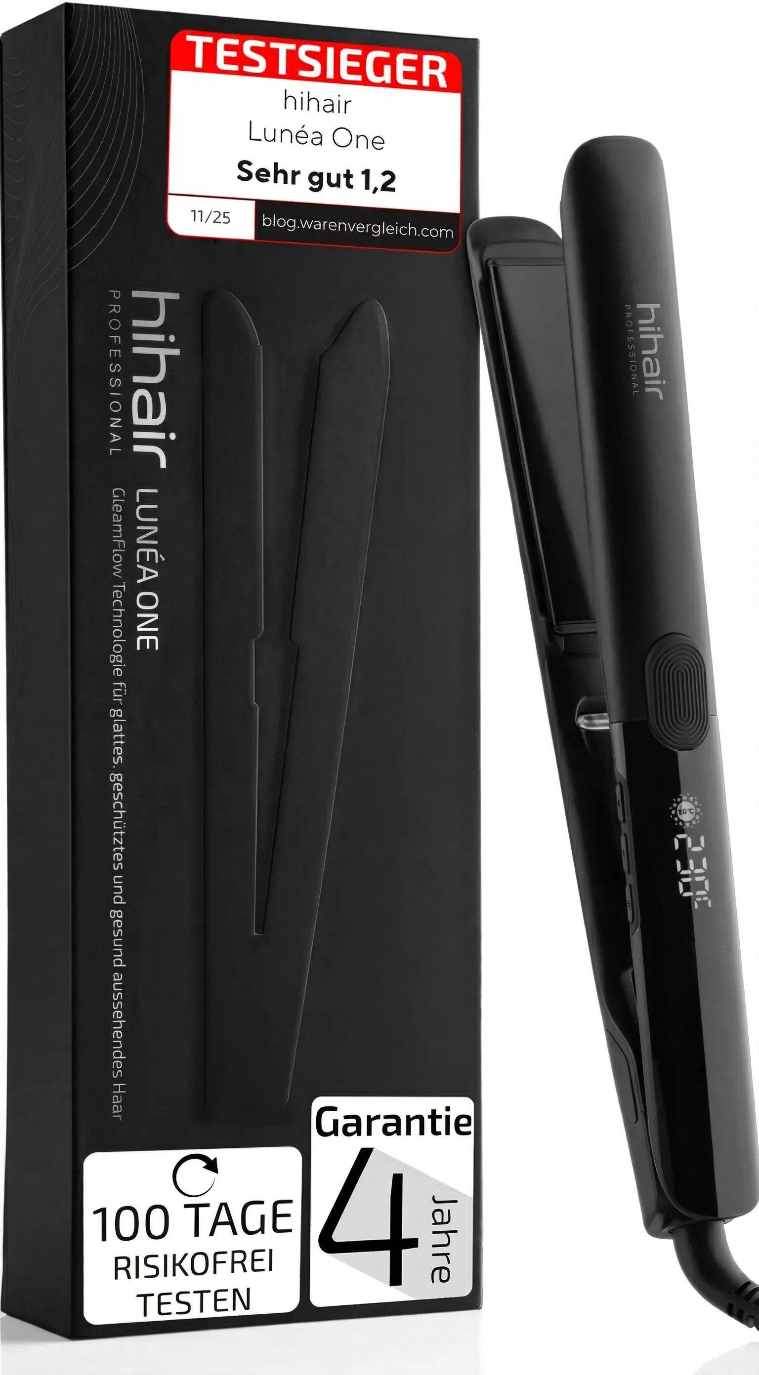 hihair Glätteisen Glätteisen Lunéa One - Testsieger 2025 - 100 Tage risikofrei testen Keramik, LCD Display, Druckknopf, Gleam Flow Technologie, 2,5 m langes Kabel
