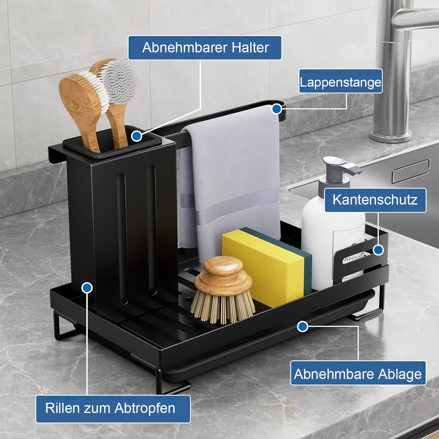 SURFOU Küchenorganizer-Set Spülbecken Küchen Organizer mit Abflusspfanne Utensilien Korb, (Arbeitsplatte Schwamm Bürste Seifenschale Halter Handtuchhalter), Waschbecken Schwammablage Spüle Organizer für Küche & Badezimmer