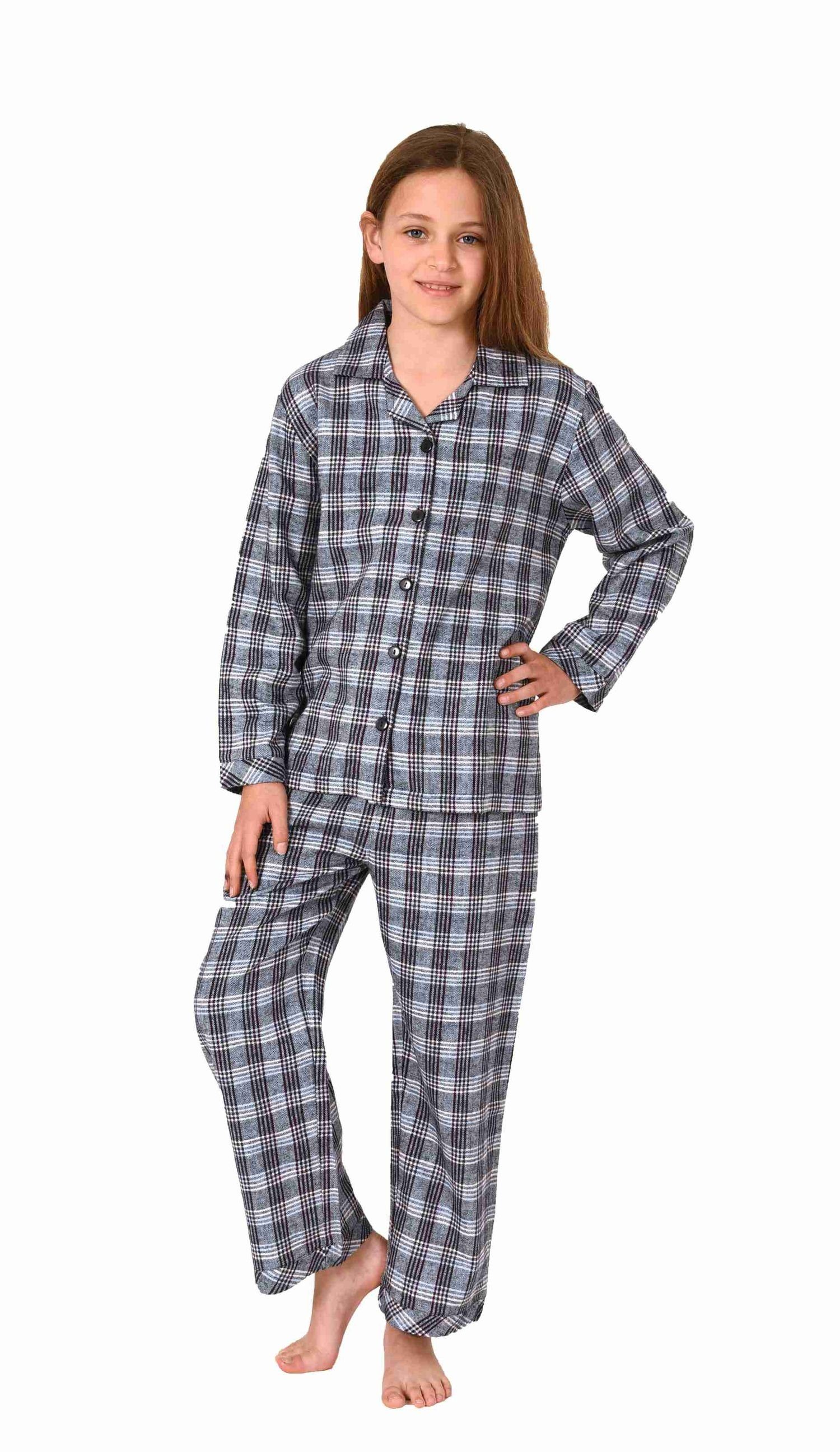 Normann Pyjama Mädchen langarm Flanell Schlafanzug in Karo Optik zum  durchknöpfen