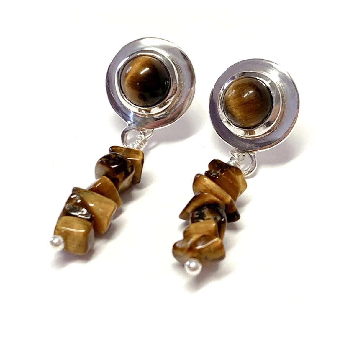 Edelschmiede925 Schmuckset herrliche Ohrstecker 925 Silber Tigerauge Cabochon und Splitter