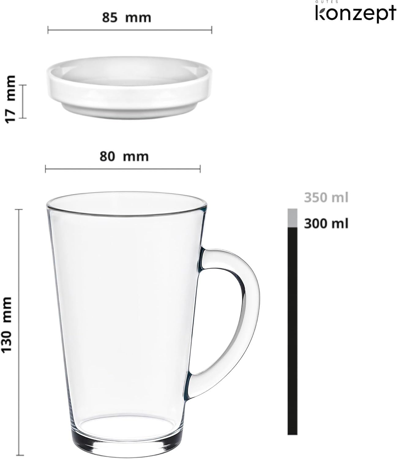 KONZEPT Teeglas Mit Deckel – 300 Ml Mit Henkel, 1-tlg., aus Glas Mit Deckel, hitzebeständig & spülmaschinengeeignet