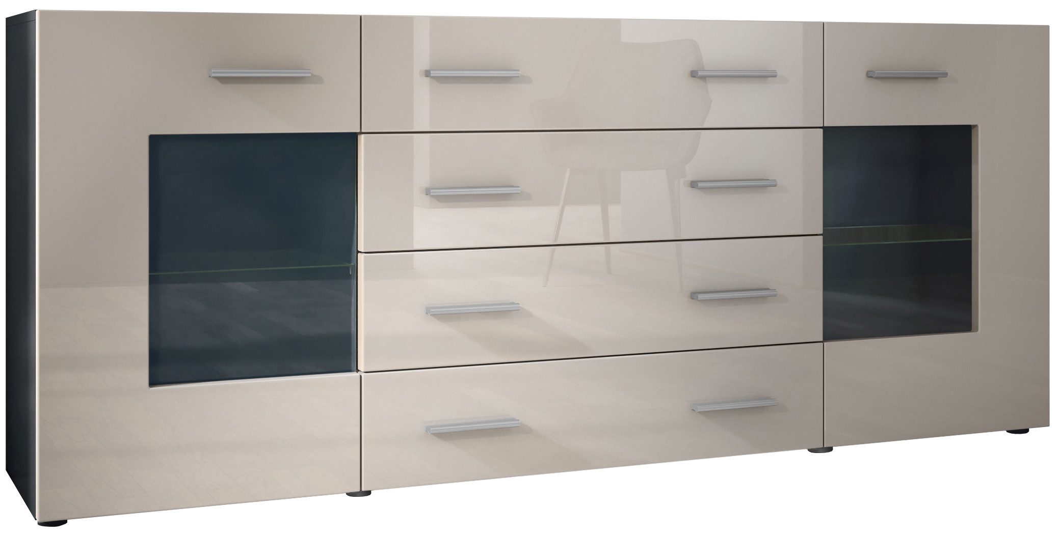 Vladon Sideboard Grömitz (Kommode mit 2 Türen, 4 Schubladen und 2 flexible Glaseinlegeböden), Schwarz matt/Sandgrau Hochglanz (166 x 72 x 35)