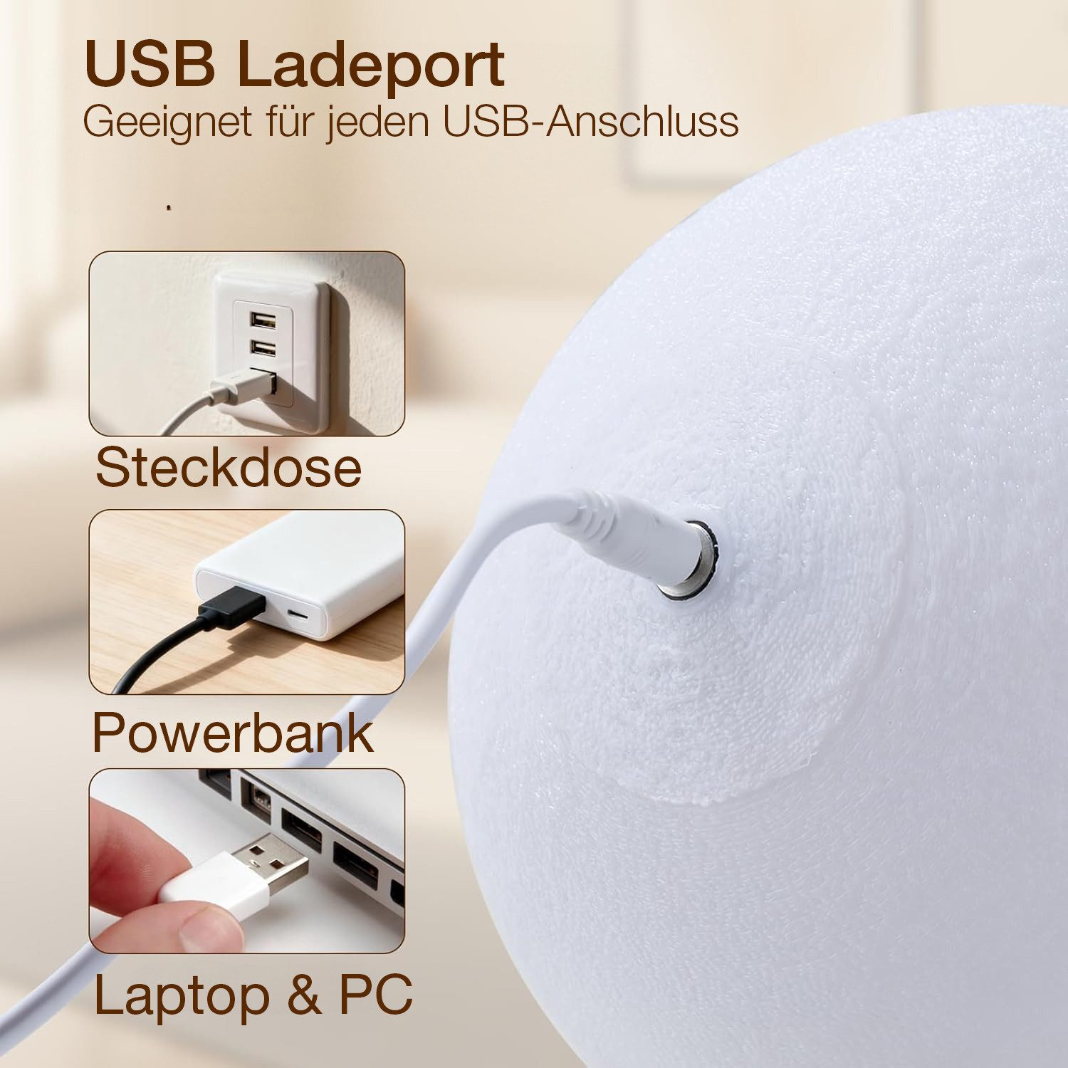 queence USB-Tischleuchte 3D-Mondlampe, 16 Farben, Nachtlicht mit Fernbedienung, 16 Farben, 3D-Mondlampe dimmbar mit Fernbedienung und USB-aufladbar