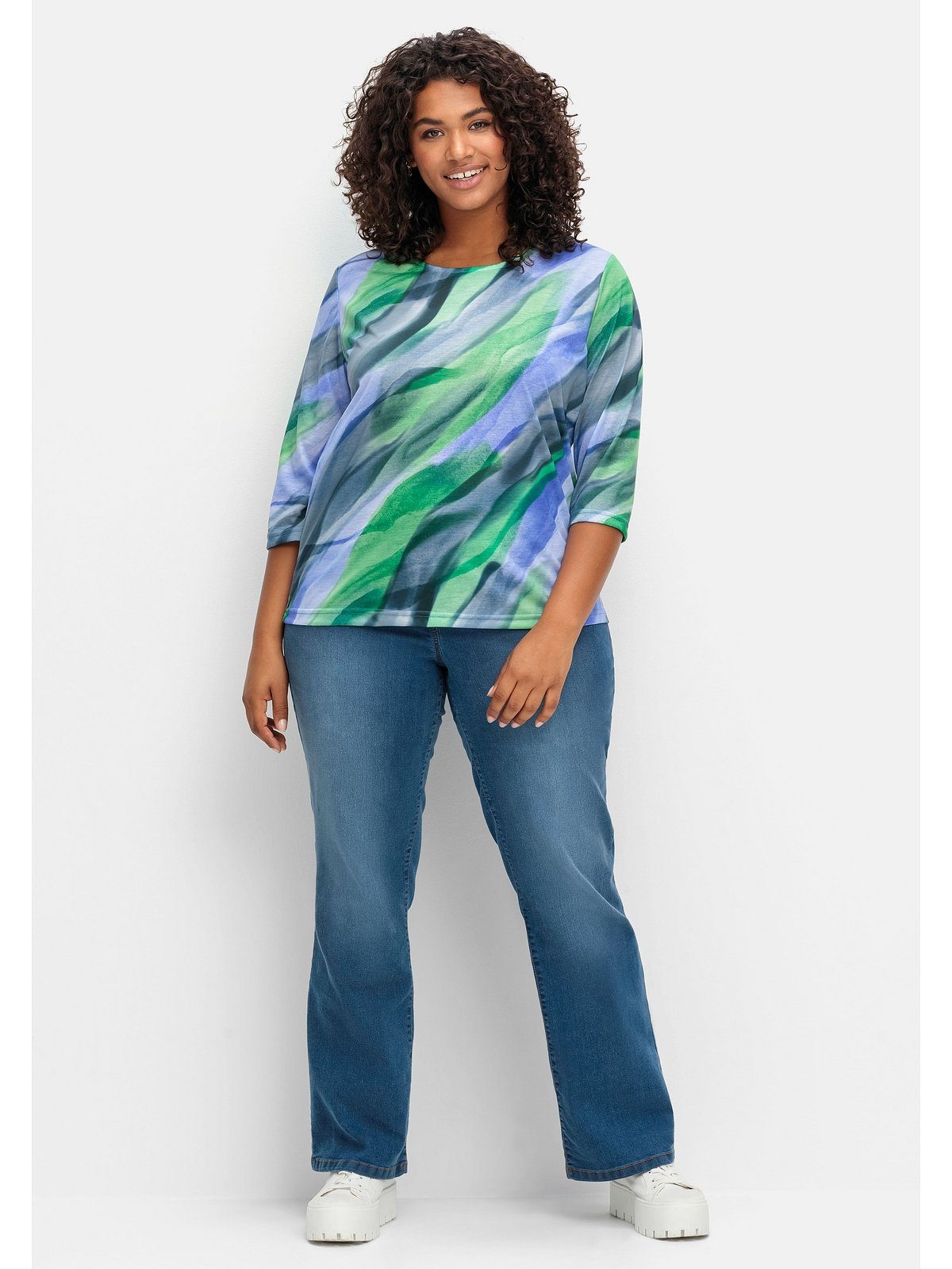 Sheego 3/4-Arm-Shirt Große Größen mit Optik gebatikter in bedruckt royalblau-grasgrün Alloverdruck