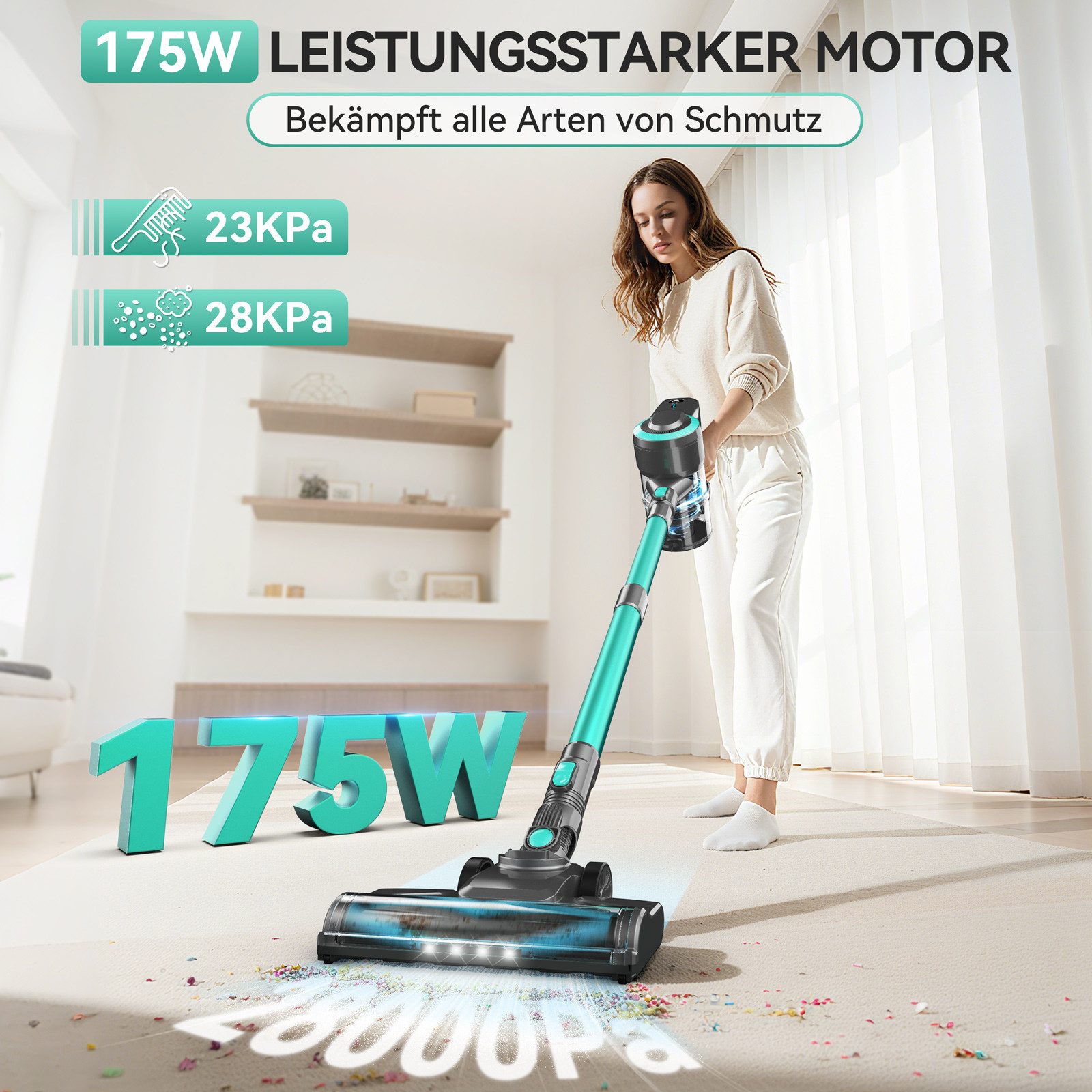 INSE Akku-Hand-und Stielstaubsauger N3P Kabelloser Staubsauger Anti-Haarverfilzung V-Bürste mit LED-Licht, 175 W, beutellos, 28KPa Starke Saugkraft, 55Minuten Laufzeit, Großvolumen-Staubbecher