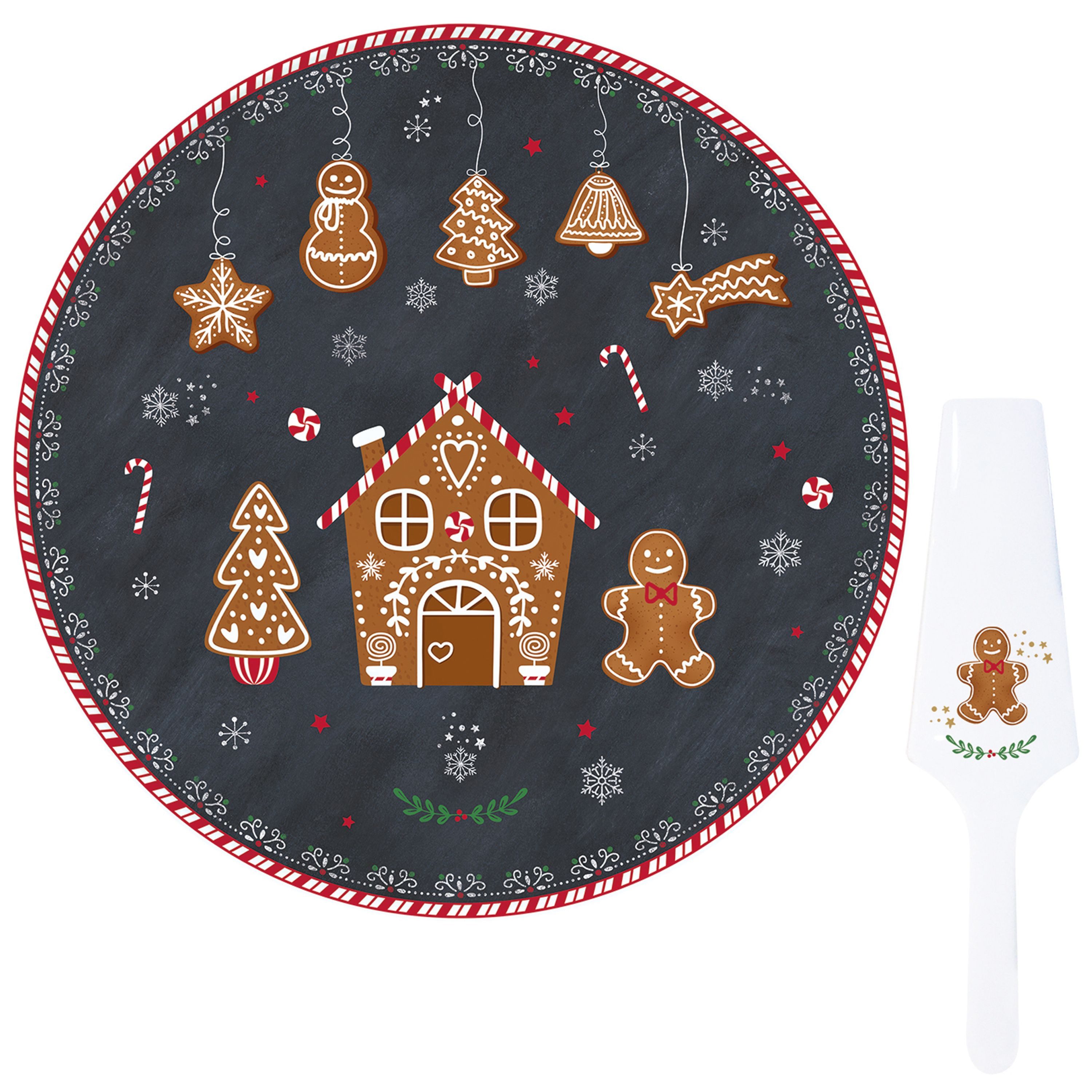 MamboCat Servierplatte Gingerbread Tortenplatte Ø30cm & Tortenheber Gebäckteller Lebkuchen, Porzellan, Weihnachten