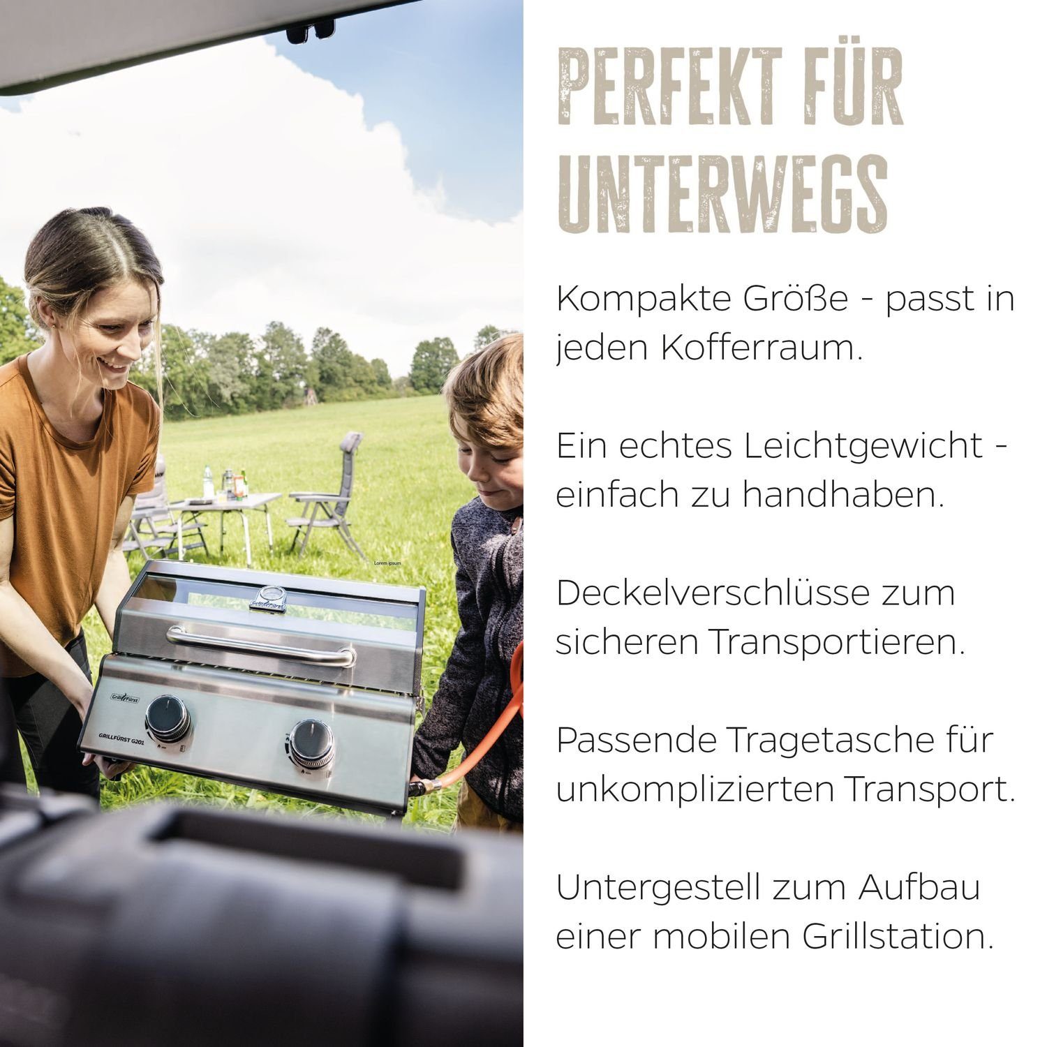 Grillfürst Camping-Gasgrill Grillfürst - 50mbar Gasgrill Campinggrill G201E 2-Brenner - inkl. portabel Untergestell / Balkongrill v2