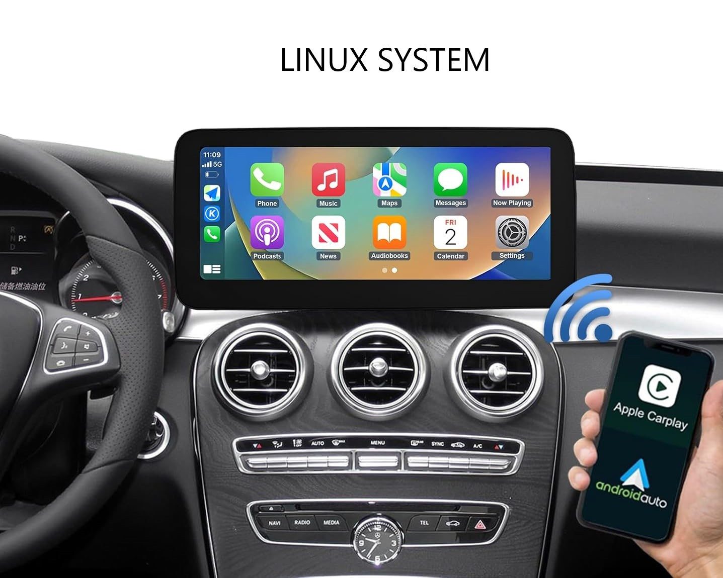 GABITECH Linux CarPlay/Android Auto Display für Mercedes C/GLC/V/X W205 NTG 5.0 Einbau-Navigationsgerät (Drahtlos Apple CARPLAY und Android Auto)