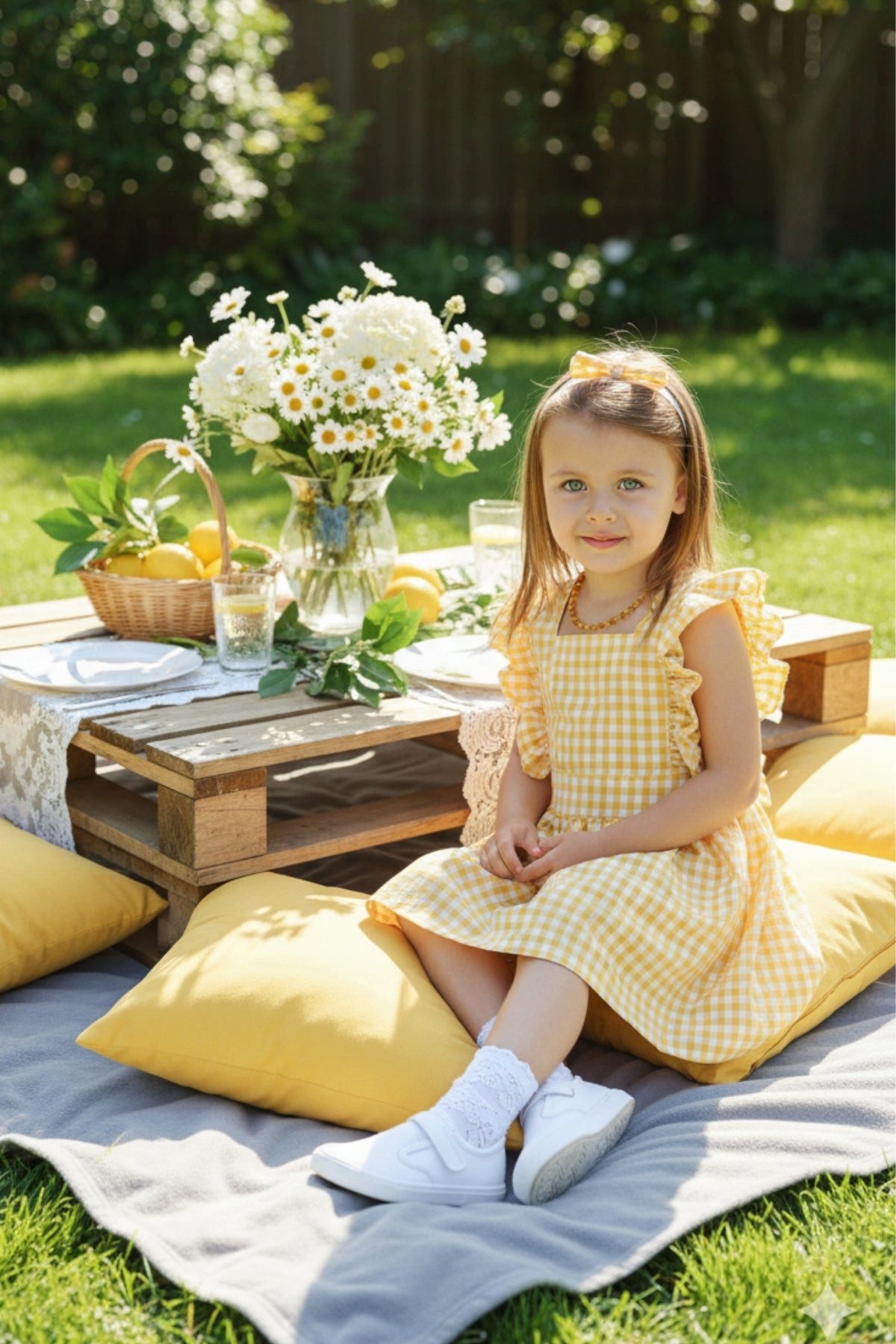 Parla Kids Kleid & Haarband Kleid Violetta - Plaid Muster in gelb weiß, Rüschensaum und Haarband