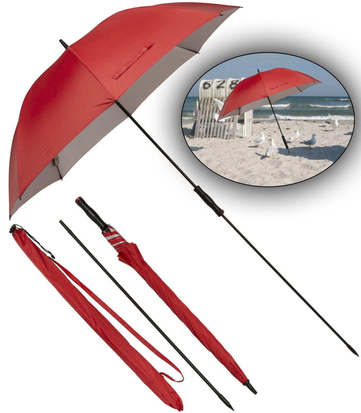 derby Langregenschirm XXL Golfschirm mit UV-Schutz, uni innen silber, für Strand und Camping für Familien und Paare rot