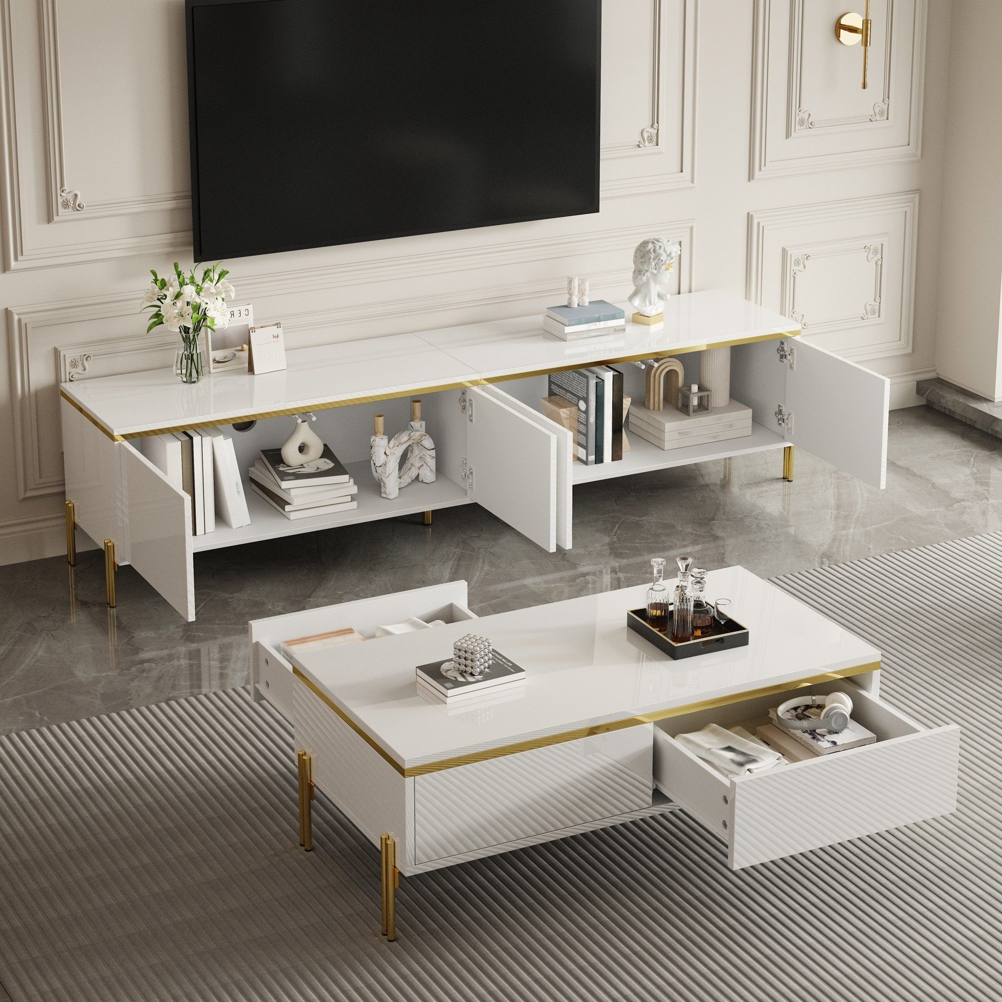 HAUSS SPOLE Couchtisch mit Couchtisch,schrank set mit schubladen,weiß hochglanz schrank (Packung, 2-St., mit 4 Türen und 2 großen Schränken), Couchtisch mit 2 Schubladen