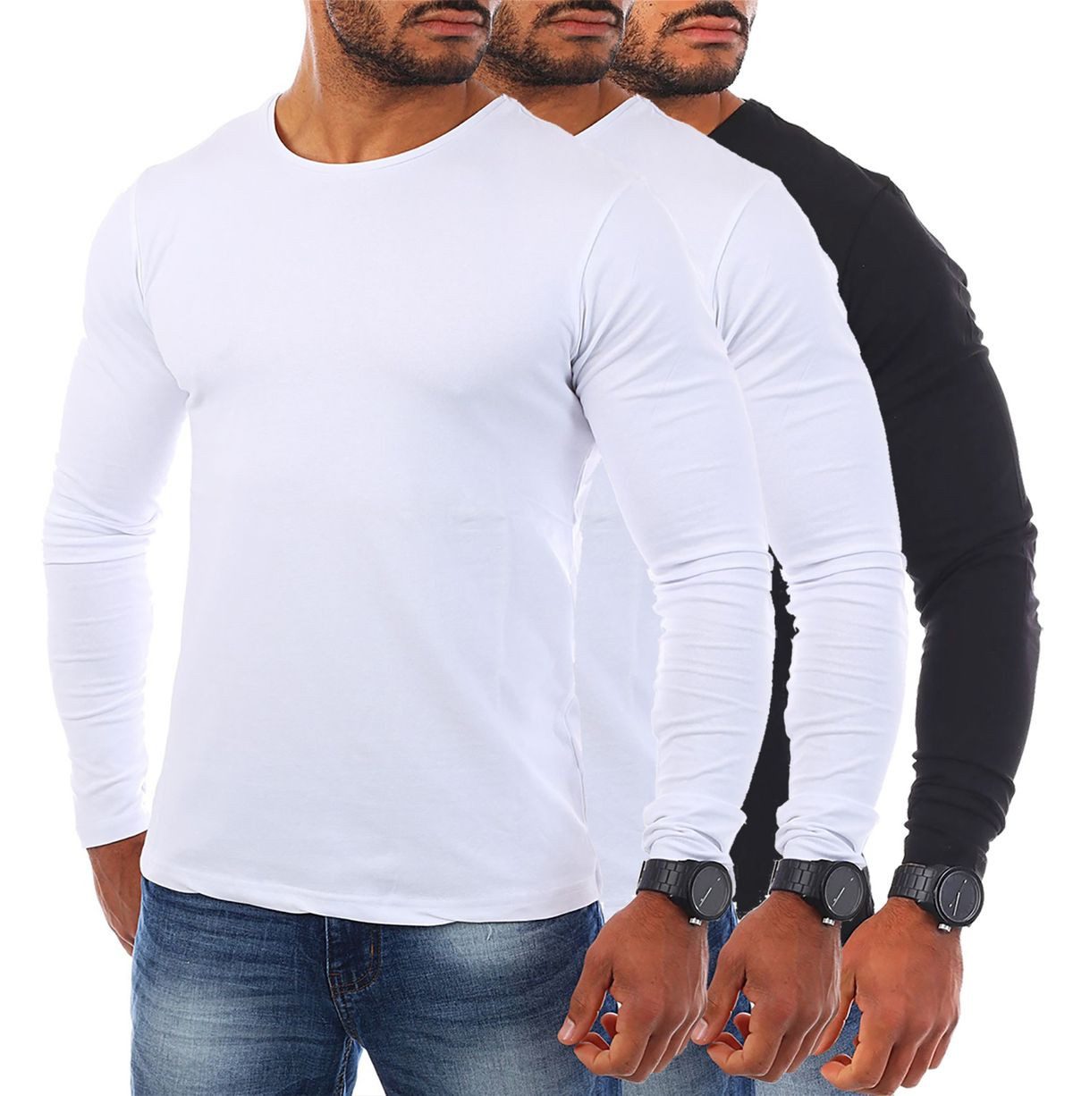 Langarmshirt Herren Uni Basic Longsleeve Rundhals round-Neck Unterziehshirt 2002