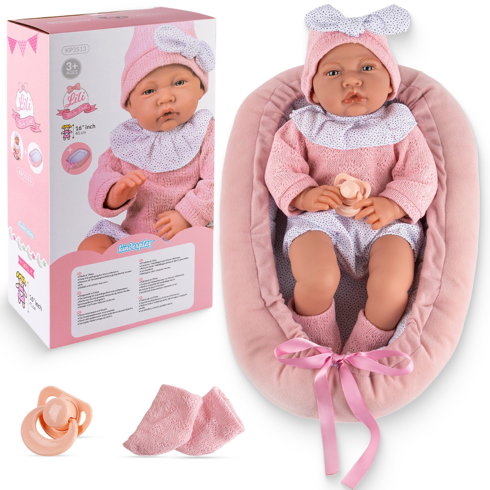 Kinderplay Dolls & Strollers Babypuppe Interaktive Babypuppe Lili 41 cm – mit Kokon – sprechend (Set)