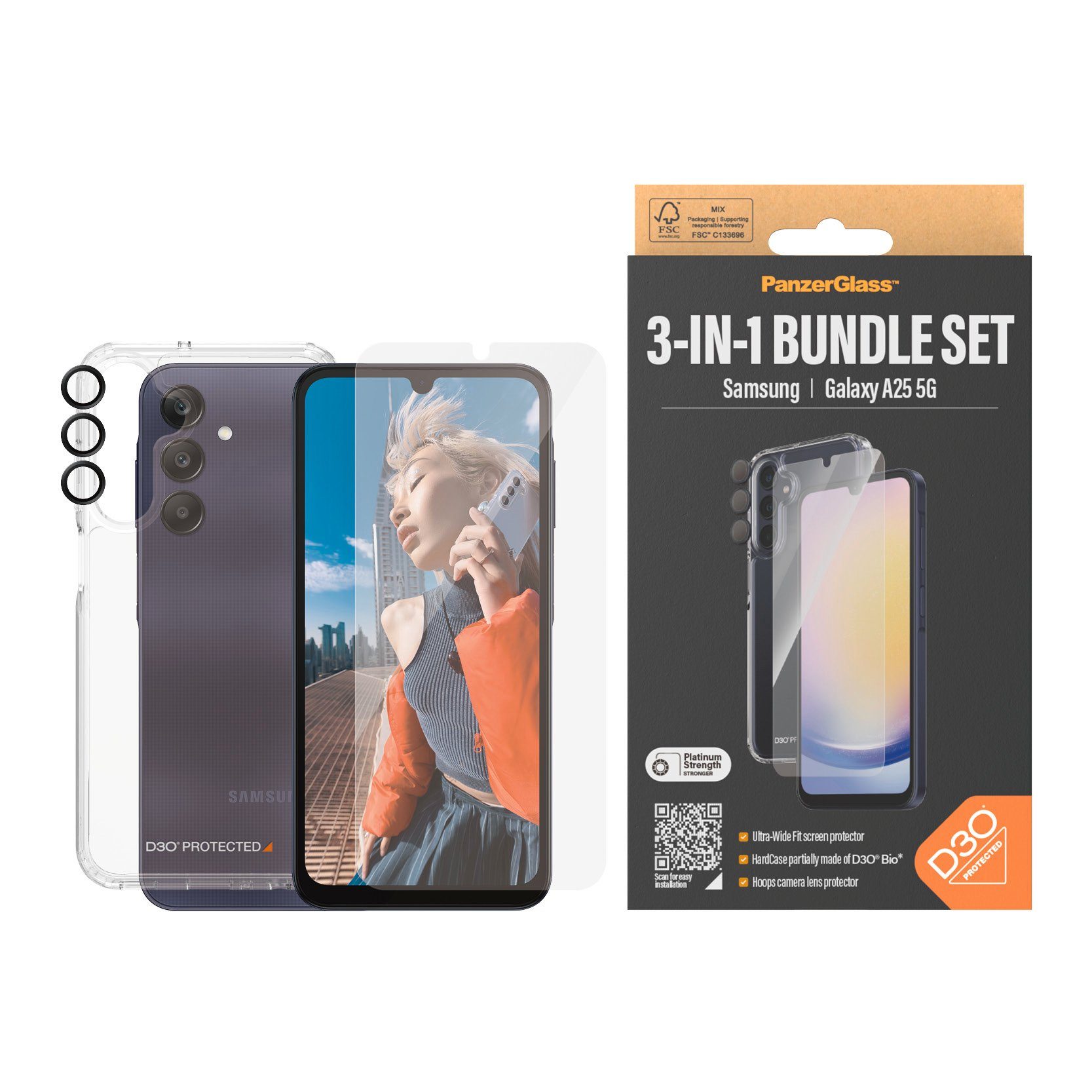 PanzerGlass 3-in-1 Bundle Set Screen Protector + Kameraschutz + Case für Samsung Galaxy A24 5G, Displayschutzglas, Screen Protector, Camera Lens Protector, D3O Protected HardCase