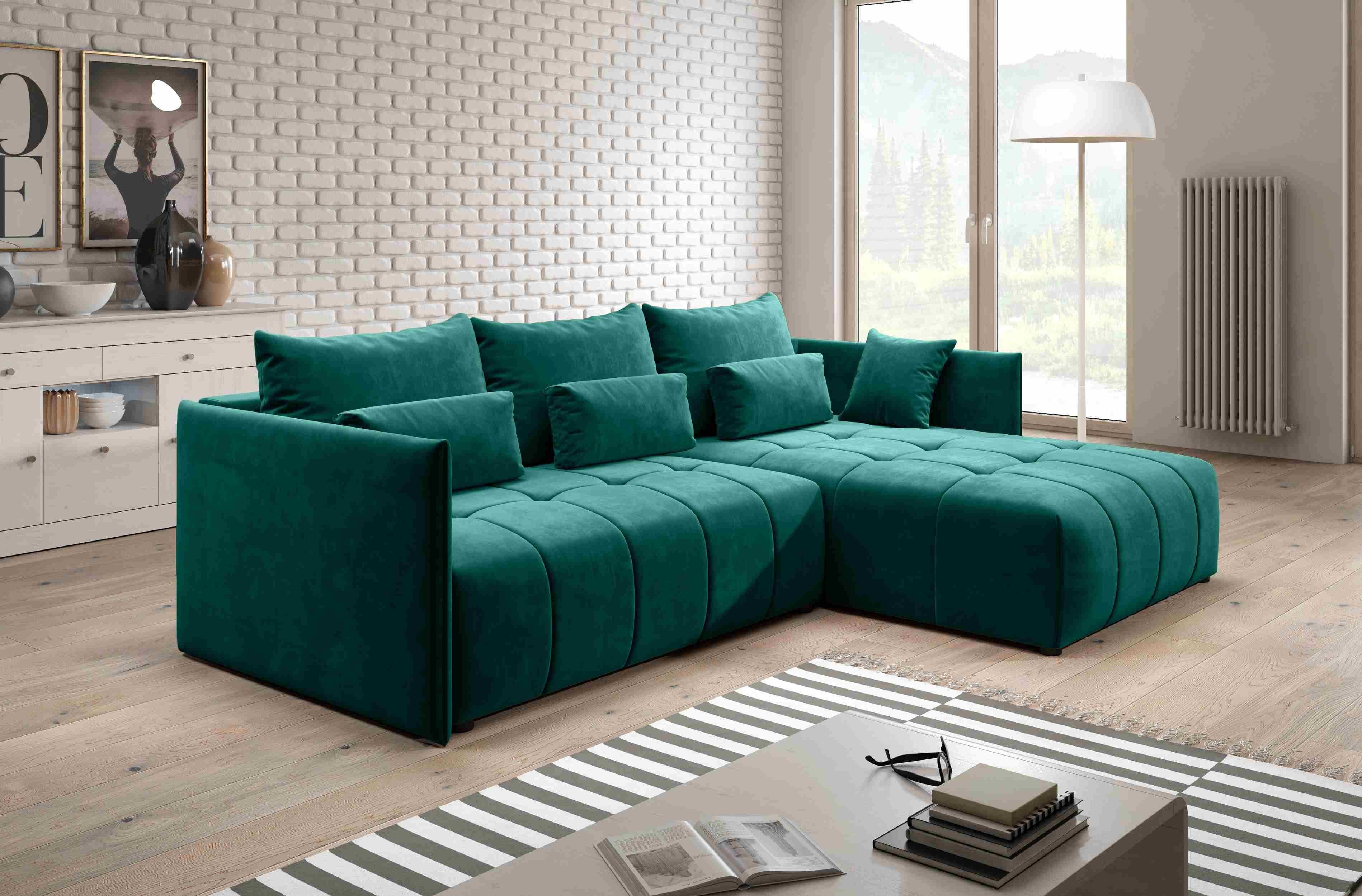 Furnix Ecksofa YALTA Schlafsofa Couch ausziehbar mit Bettkasten und Kissen, Made in Europe Grün MH 37